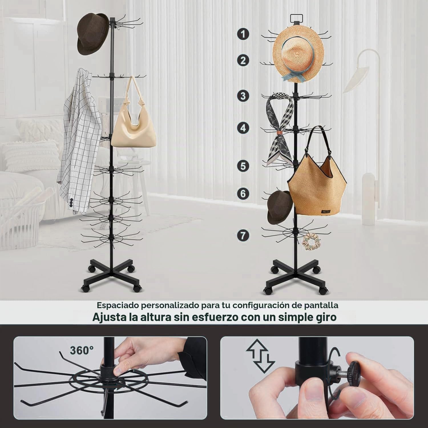7 Niveles Soporte de Exhibición Giratorio,con Ganchos y Ruedas,para Sombreros,Joyas,Calcetines y Bufandas de Seda (Negro)