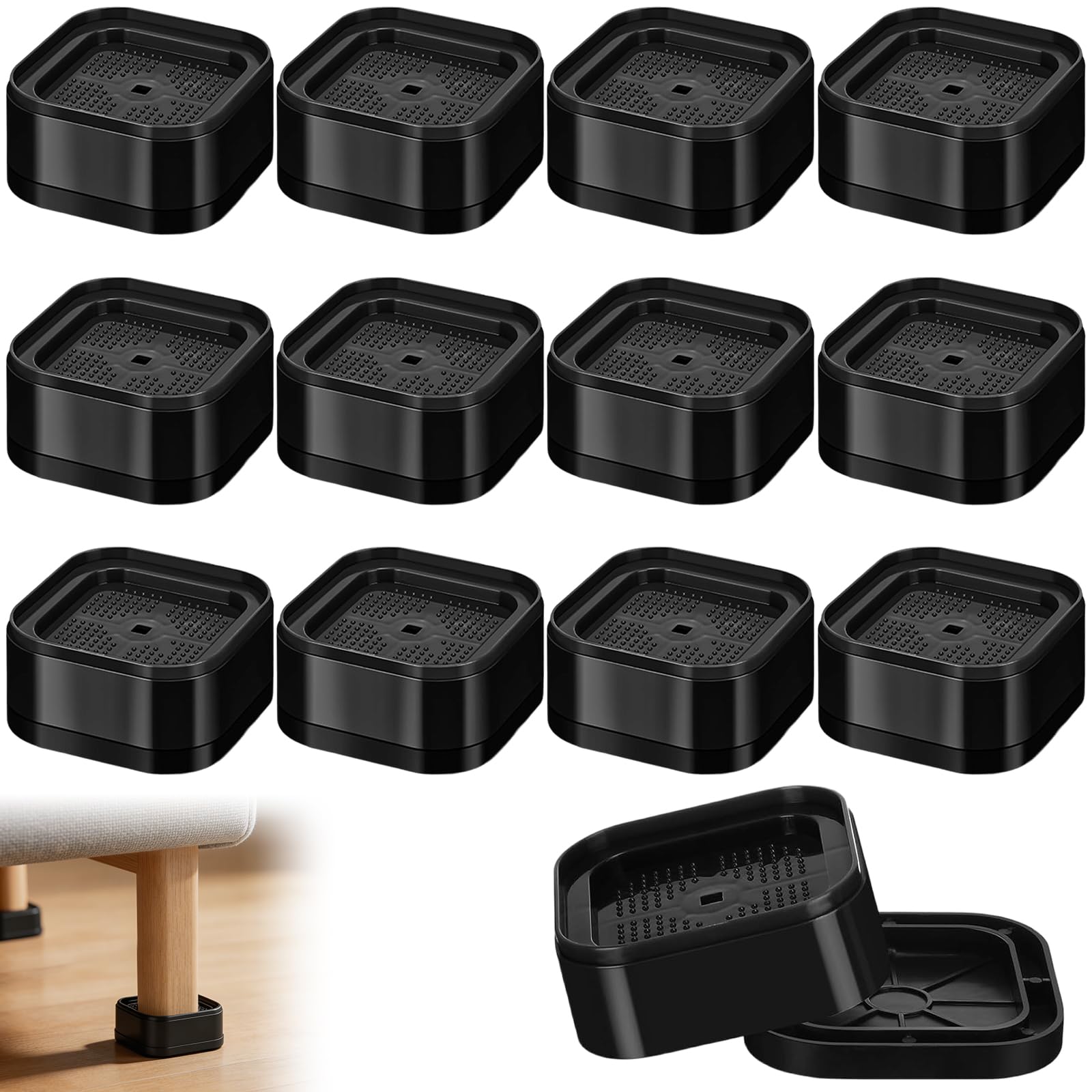 12 Pack Heavy Duty Adjustable Furniture Risers with Nonslip Bottom, Stackable Bed Lifter & Leg Extenders – Versatile 3.5cm Bed Raising Blocks for Table Couch Cabinet Beds, Ideal as Sturdy Bed Risers