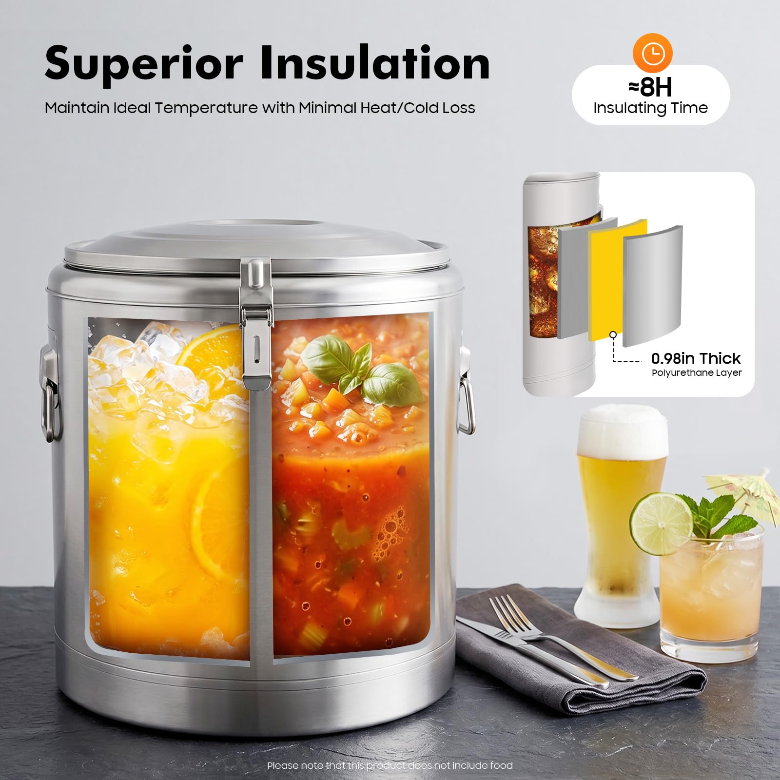 Scaldavivande in acciaio inox da 32 l, secchio isolato per gastronomia, contenitore termico con coperchio a prova di perdite e anelli per il trasporto, isolamento 8 ore, per bevande fredde e