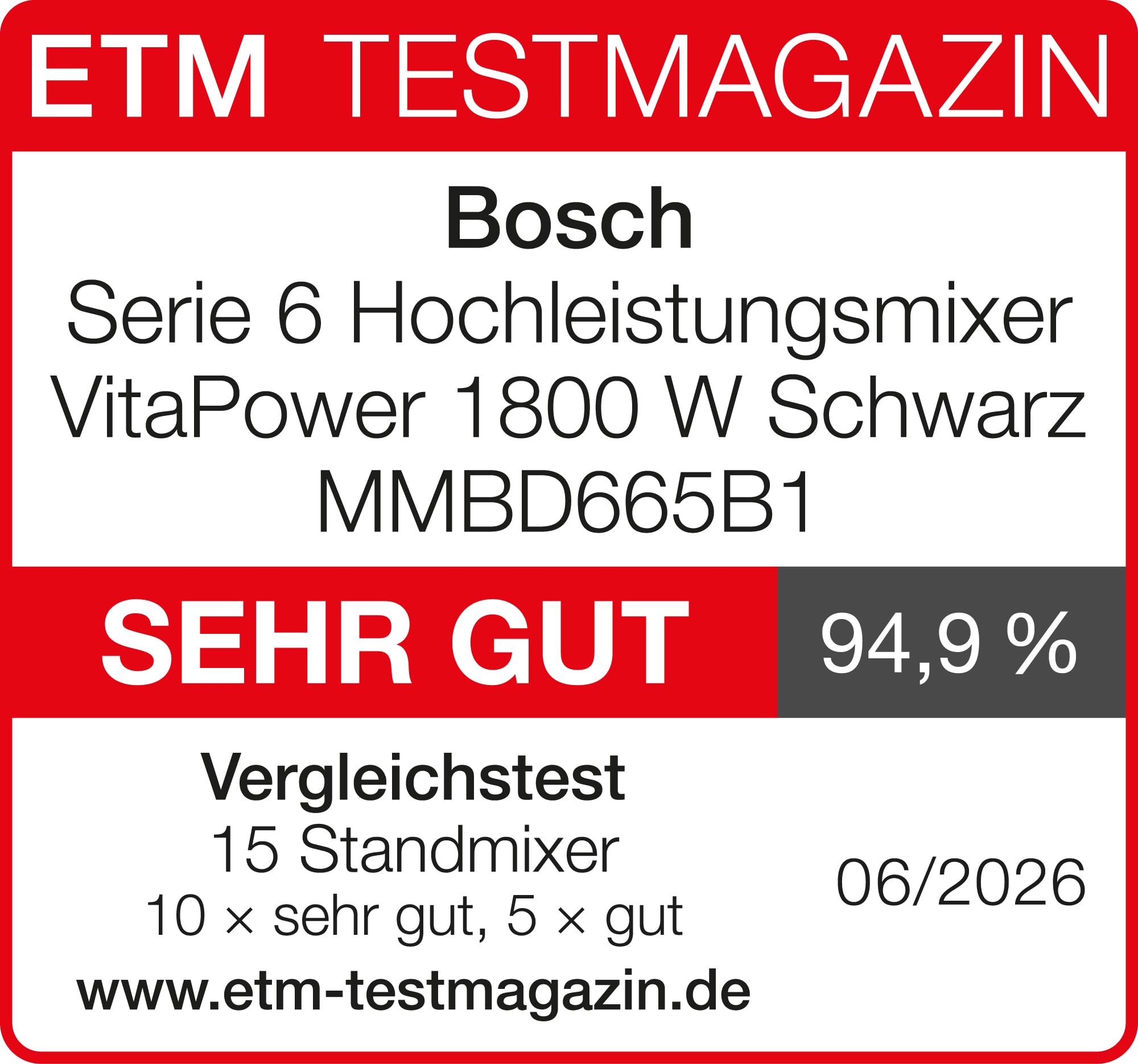 Bosch Highspeed-Standmixer, Smoothie Maker, 45.000 U/min, 6 Programme (inkl heiße Suppe & Reinigung), 2 L Mixbehälter, spülmaschinenfeste Teile, Made in Europe, 1800W, VitaPower Serie 6 MMBD665B1