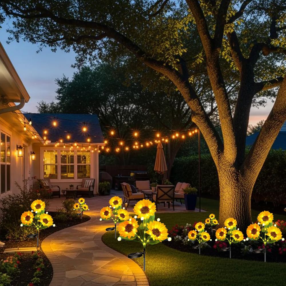 Luci solari da giardino a forma di girasole, confezione da 4 pali decorativi per esterni, con luci a LED a forma di lucciola, impermeabili, per cortile, prato, patio