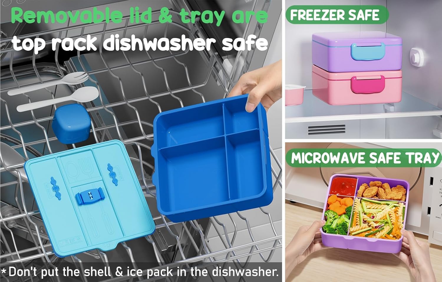 Fimibuke Chill Bento Box for Kids Adult, Leak Proof Toddler Lunch Box with Ice Pack Keep Food Cold, BPA Free 4 Compartment Lunch Container with Utensils for Girl Boy School, Microwave Dishwasher Safe - Image 6