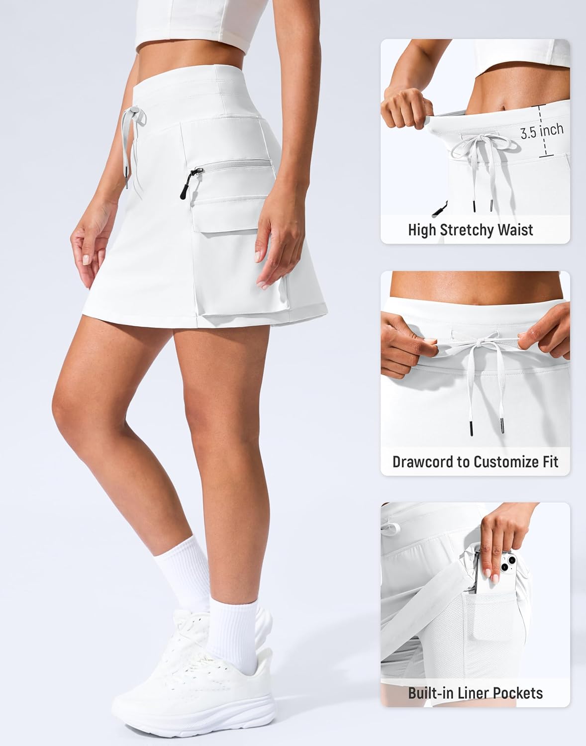 SANTINY 16" Cargo Skort with 6 Pockets Drawstring High Waisted Golf Travel Hiking Skorts for Women Dressy Casual Summer - Image 4