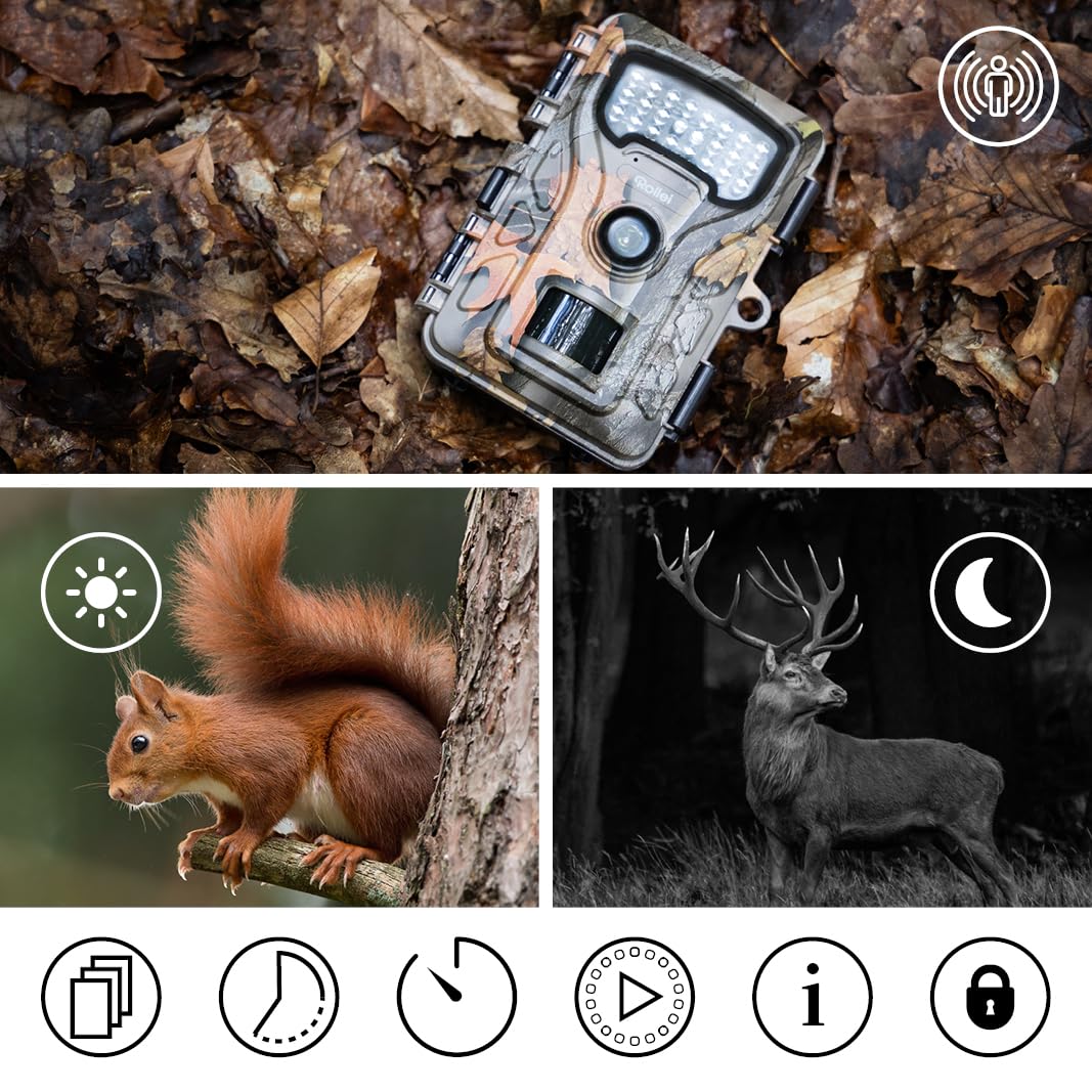 Rollei Kamera do obserwacji dzikich zwierząt HD-30, 48 MP, 4K, z czujnikiem ruchu, widoczność w nocy, kamera na podczerwień z akumulatorem i wyświetlaczem IPS 2", czas wyzwalania 0,4 s, IP54, kamera