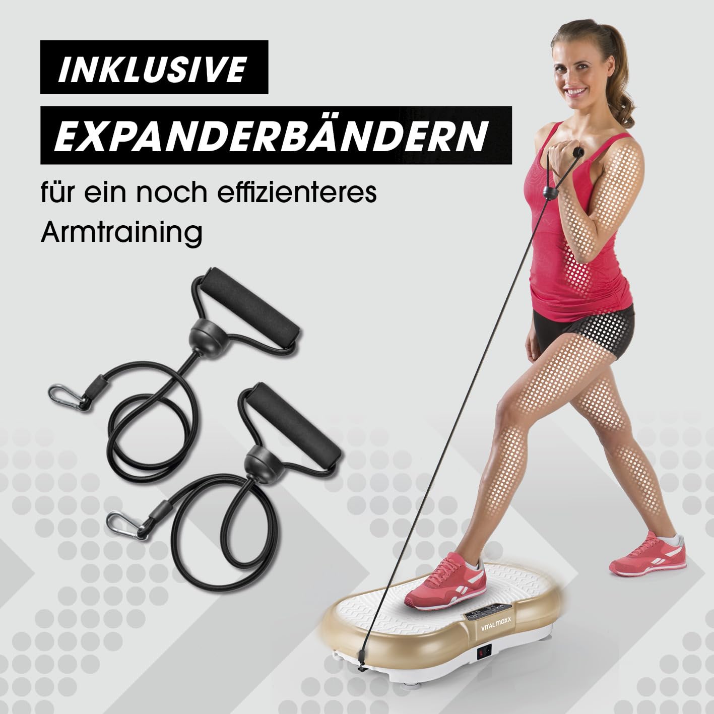 VITALmaxx Vibrationstrainer mit einstellbaren Vibrationsstufen & Programmen | Vibrationsplatte mit Expanderbänder & LCD-Display | Ganzkörpertraining zu Hause, Vibrationsboard inklusive Fernbedienung