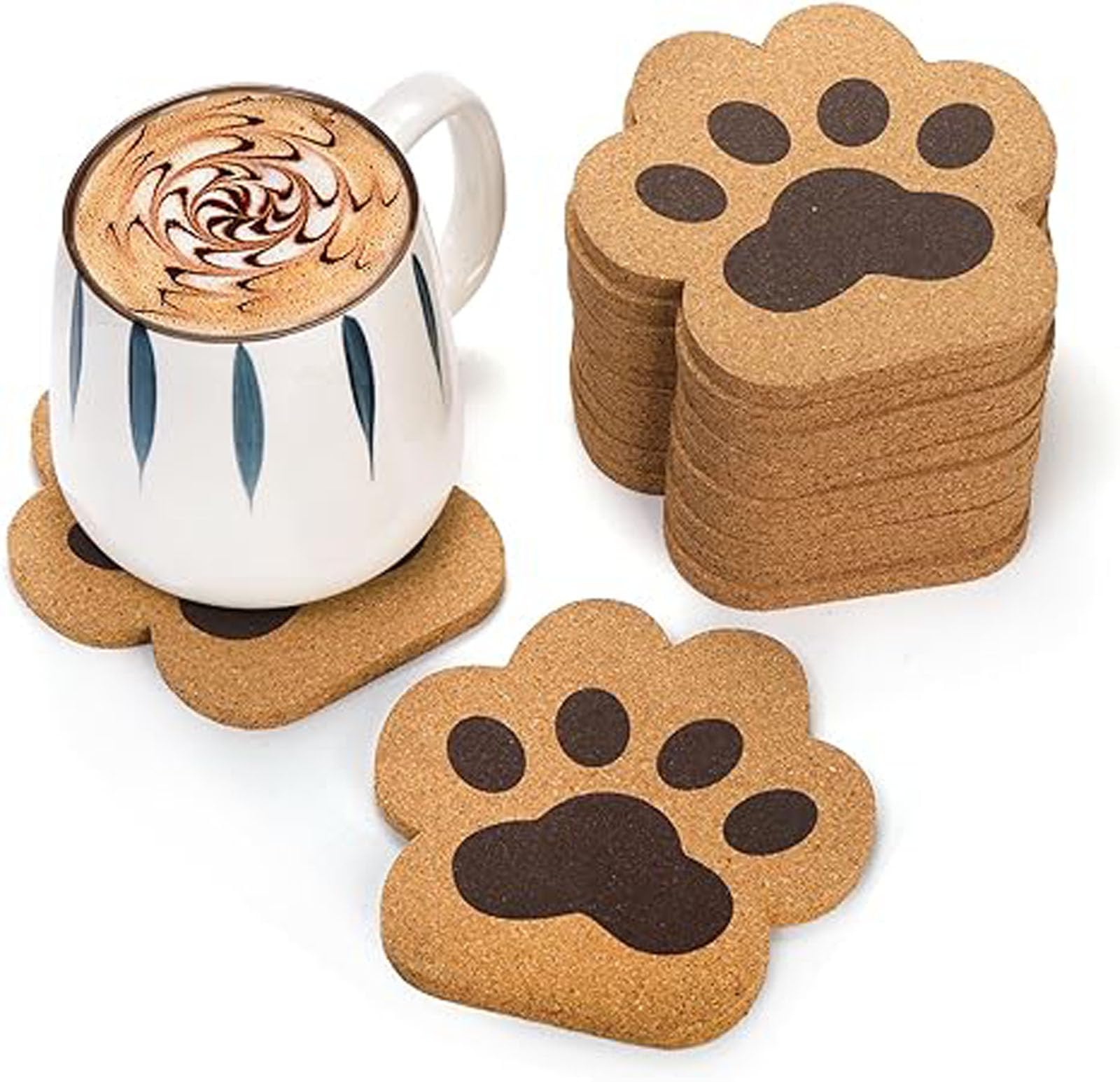 ALMEKAQUZ Drink Cork Coasters,4.7" Absorbent Reusable Cork Holder,Heat Resistant Thick Cup Mat for Tea Coffee,Cat Paw Shape Coasters for Mugs Glasses,Table Protection,Home Decor,Housewarming Gift,6Pcs