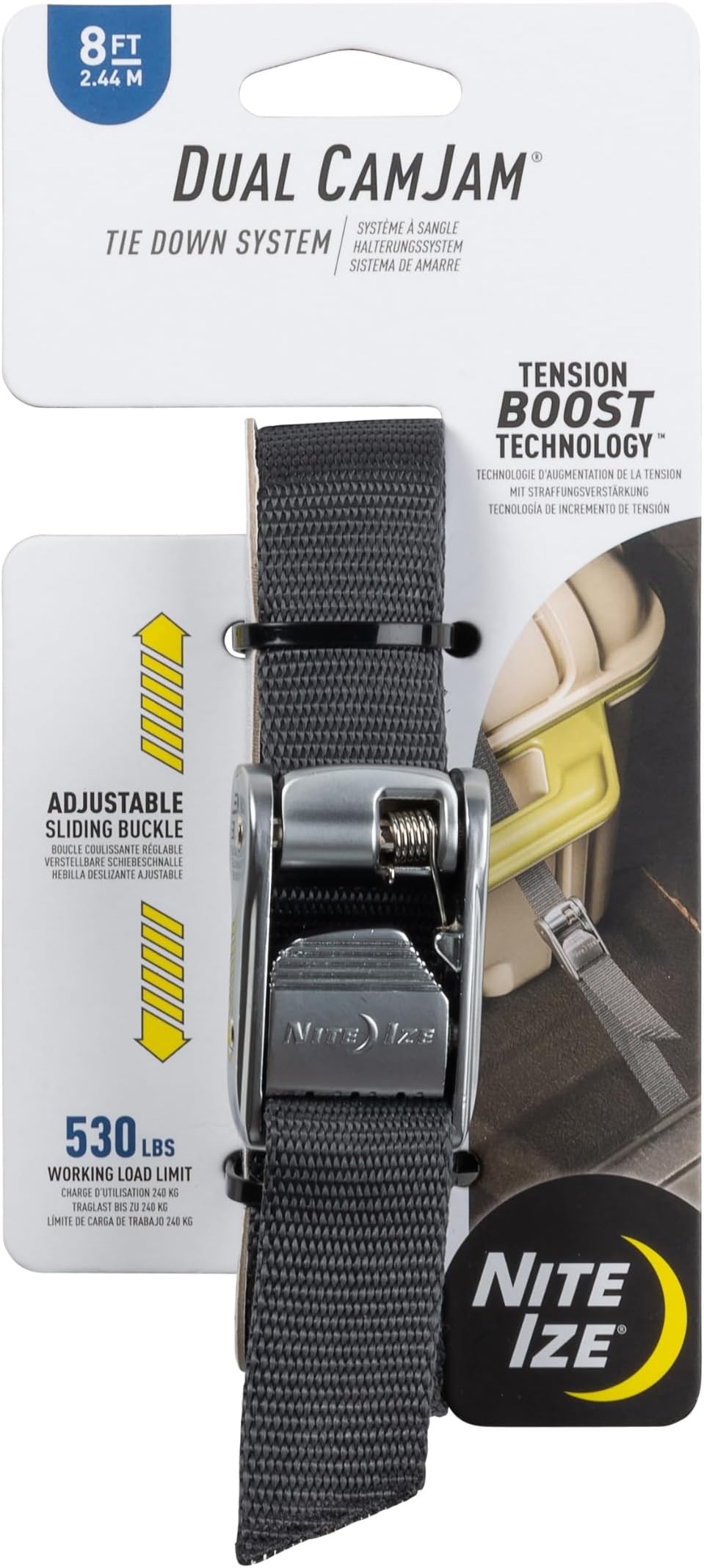 Nite IZE Dual CamJam Tie Down System - Tie Downs - Ratchet Straps - Tie Down Straps for Trucks & Cars - Luggage Strap for Camp Gear - Tie Downs Moving Supplies - 8 ft Strap, Black