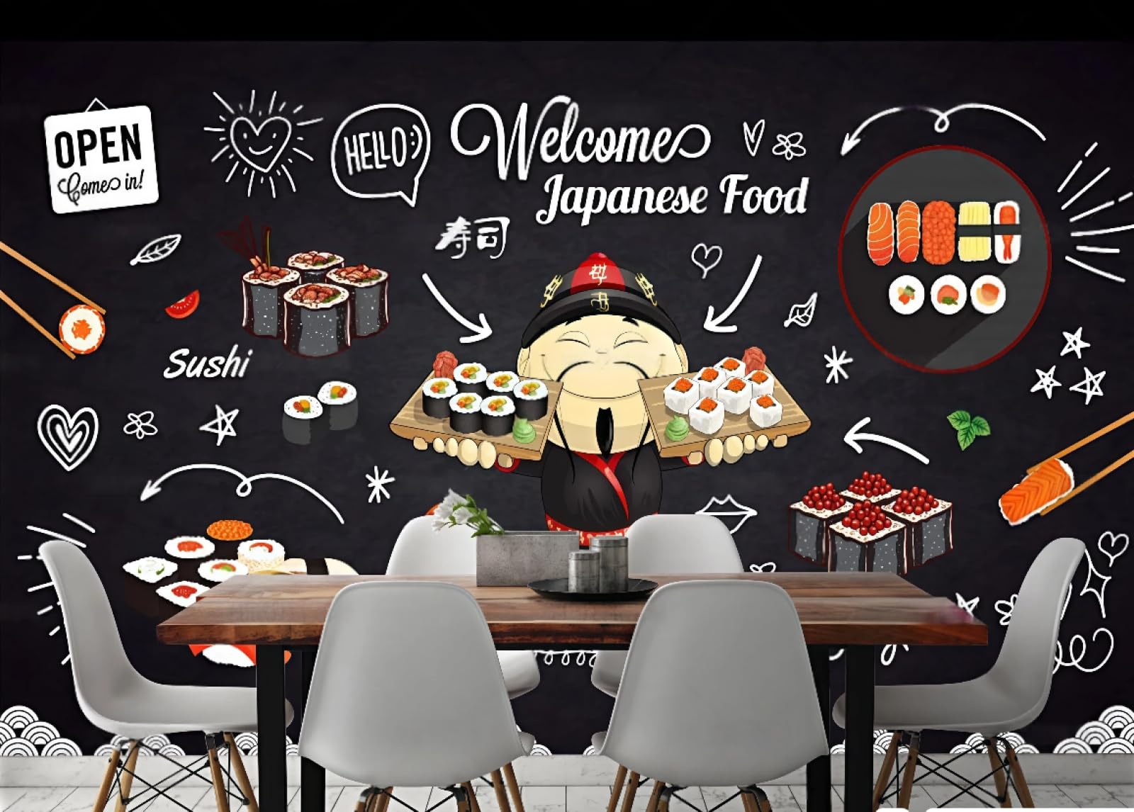 rskjdghshd Wallpaper Simple Blackboard Hand-Painted Cute Sushi Restaurant Snacks Fast Food Restaurant Background Wall Wallpaper Drinks Coffee Shop Mural,3D,300x210cm