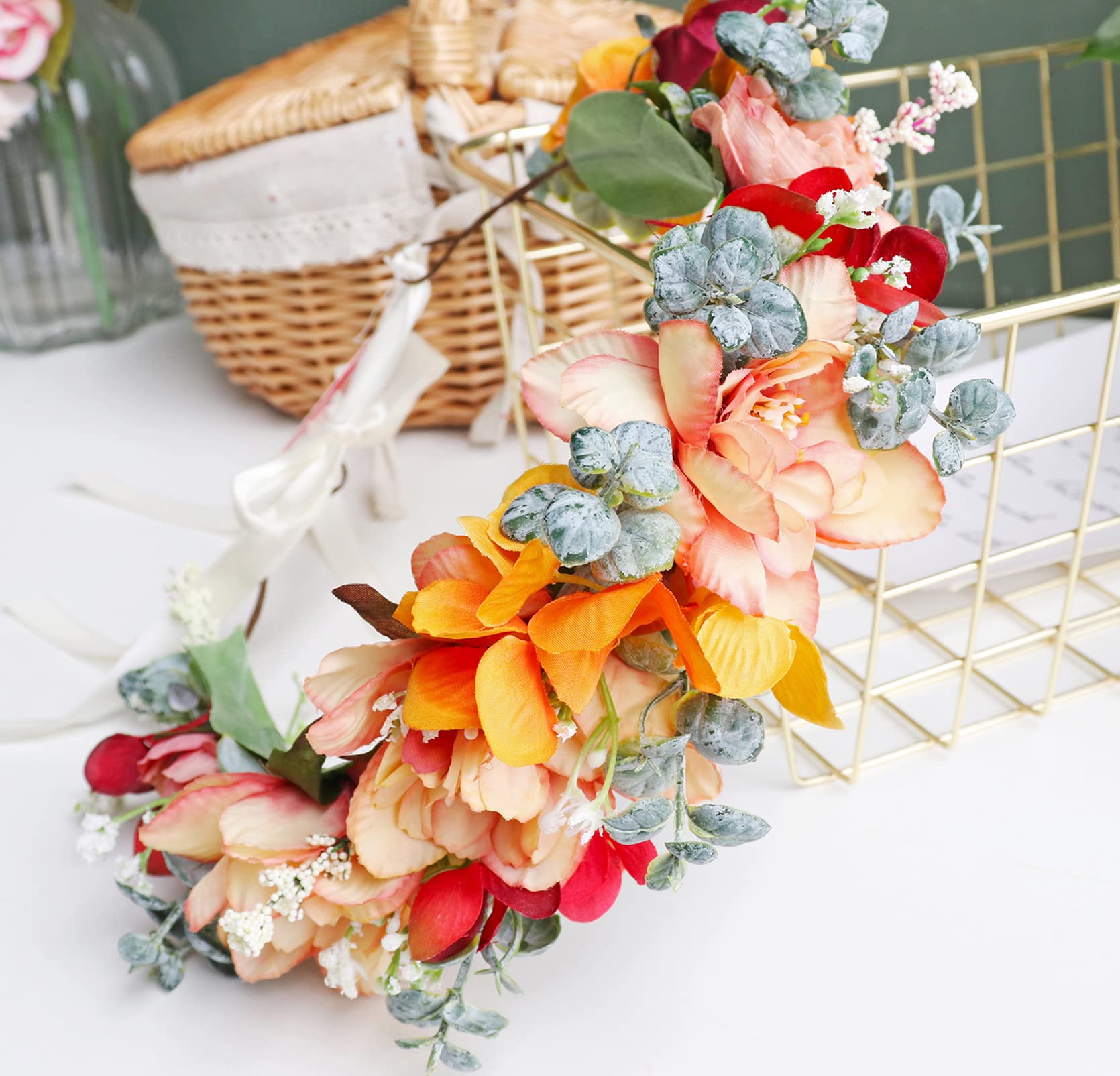 Frauen Floral Crown Mädchen Floral Stirnband Haar Kranz Blume Kopfschmuck Halo Boho Party Abschlussball Hochzeit Fotos Orange