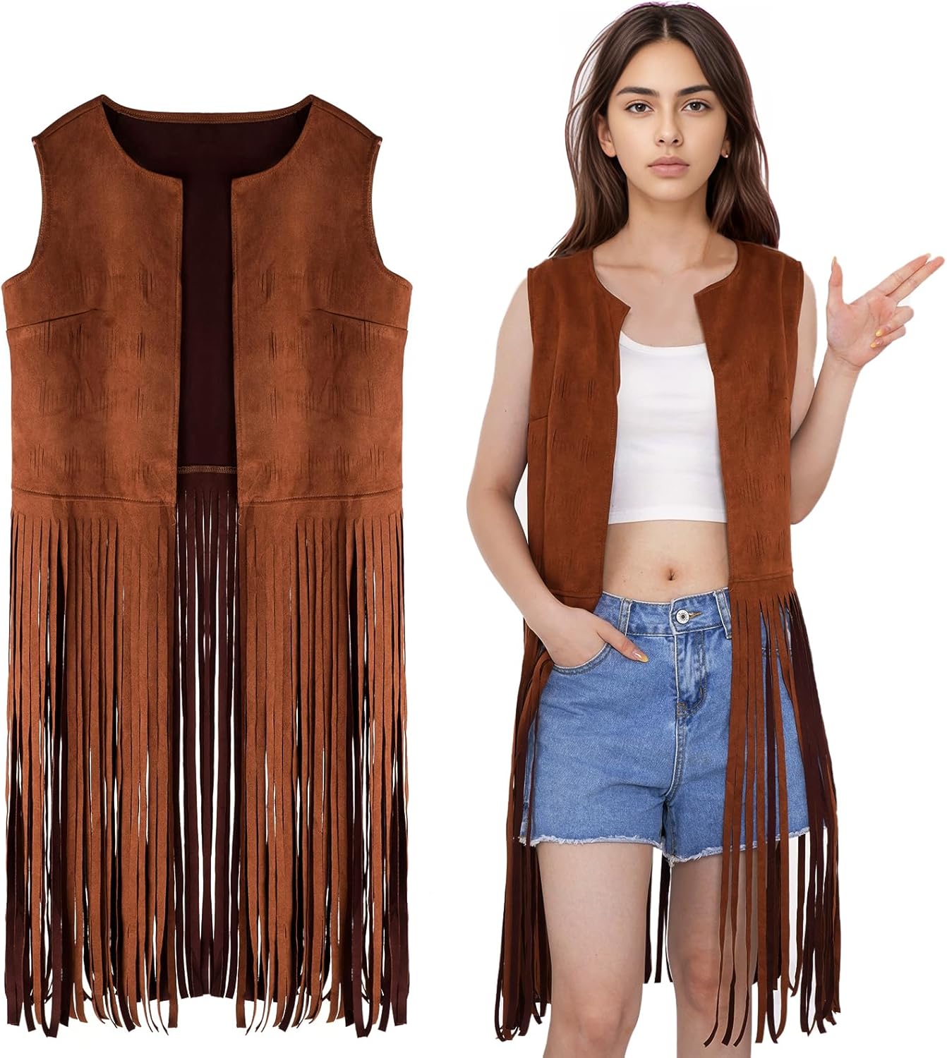choyaxo Western Fringe Vest Faux Suede Sleeveless Cowgirl Tassel Vest for Halloween Hippie Party - Image 2