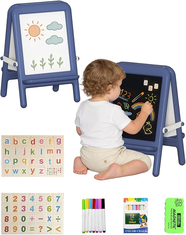 Tabletop Art Easel for Kids with Whiteboard & Chalkboard, Blue | Double-Sided, Toddler Art Easel for 2-4, Portable Painting Easel with Accessories, Desktop Easel