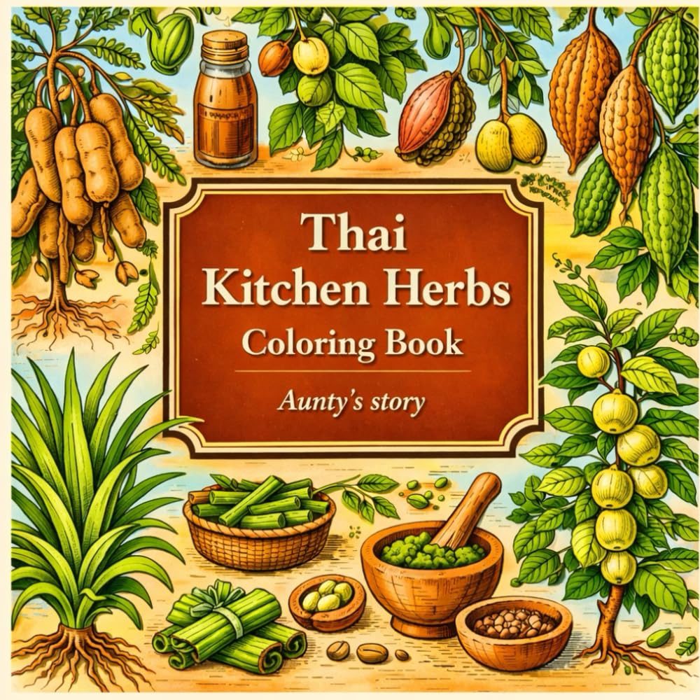 Thai Kitchen Herbs Coloring Book | Relaxing Herbal Coloring Pages | Traditional Thai Ingredients Illustration | Adult & Kids Coloring Book | 8.5 x 8.5 ... Thai Kitchen Herbs Through Mindful Coloring
