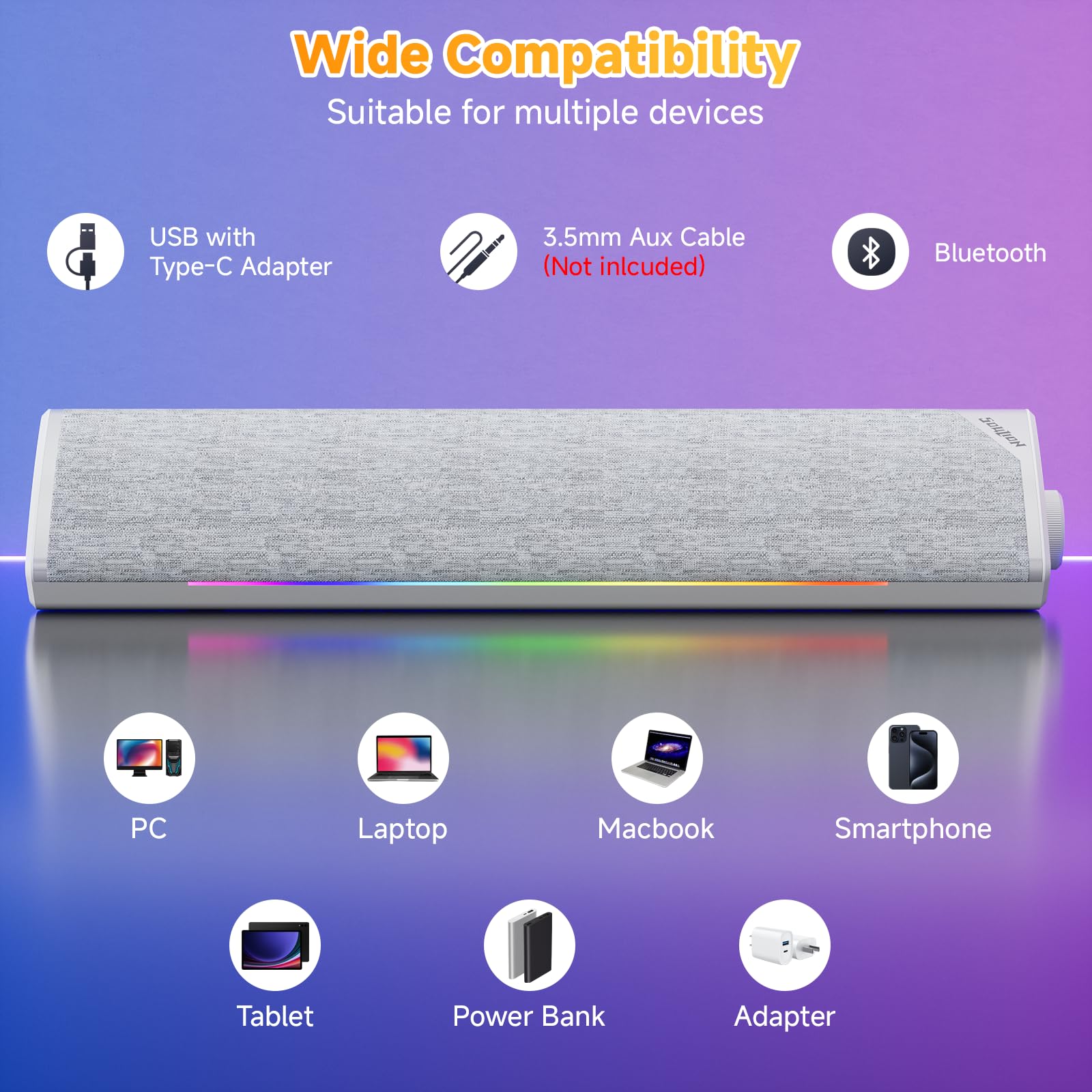 SOULION R60 Altavoz PC 12W Barra de Sonido USB Bluetooth para Gaming | Altavoces para Ordenador Portátil, Monitor, Bluetooth 5.3 , Luz LED, Alimentación por USB, con Conector de 3,5 mm Aux, Blanco