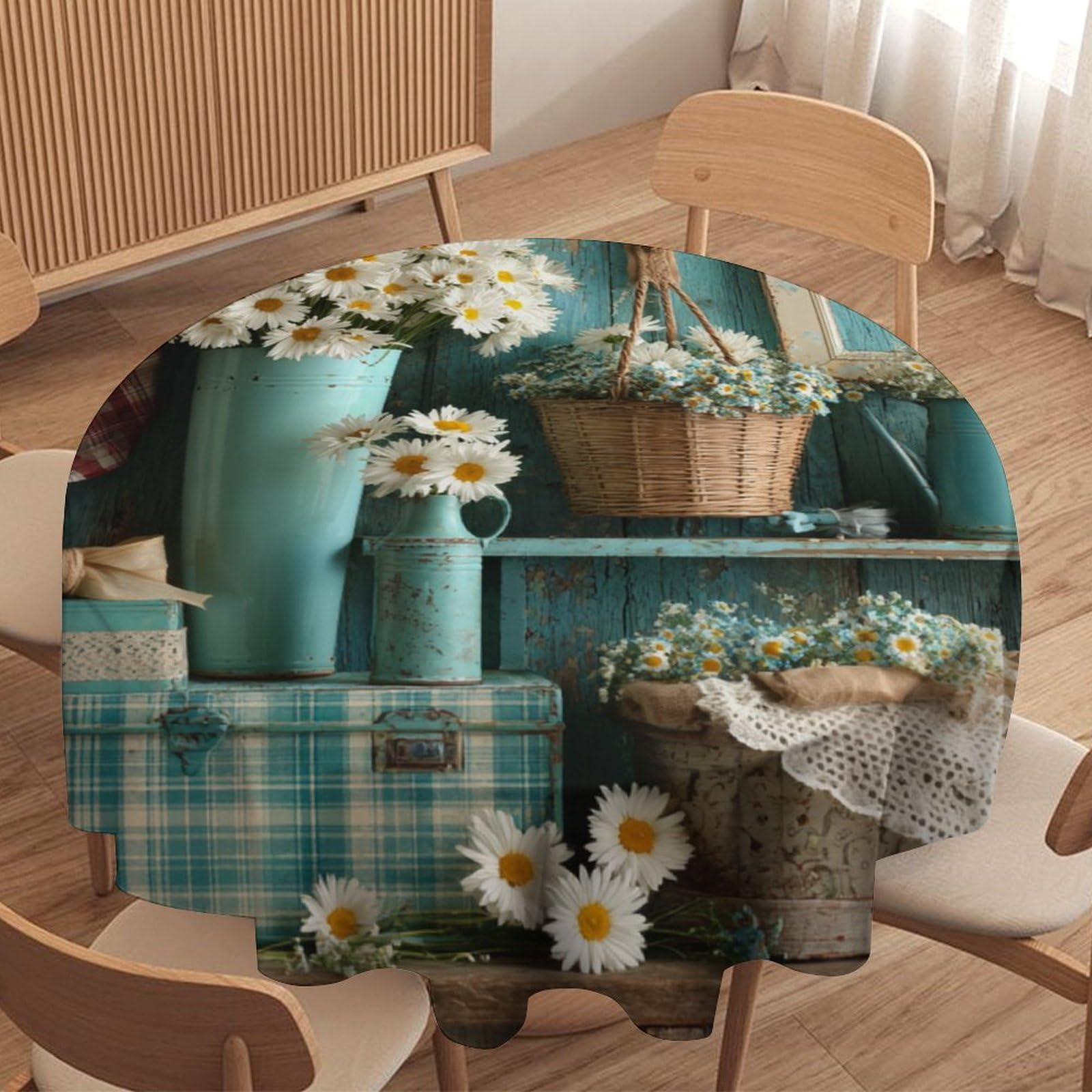 LUYYSKY Vintage Beautiful Daisy Floral Round Tablecloth Colorful Watercolor Country Farm Farmhouse Daisies Flowers Washable Decor for Table Cover for Kitchen-127 Wx127 L cm