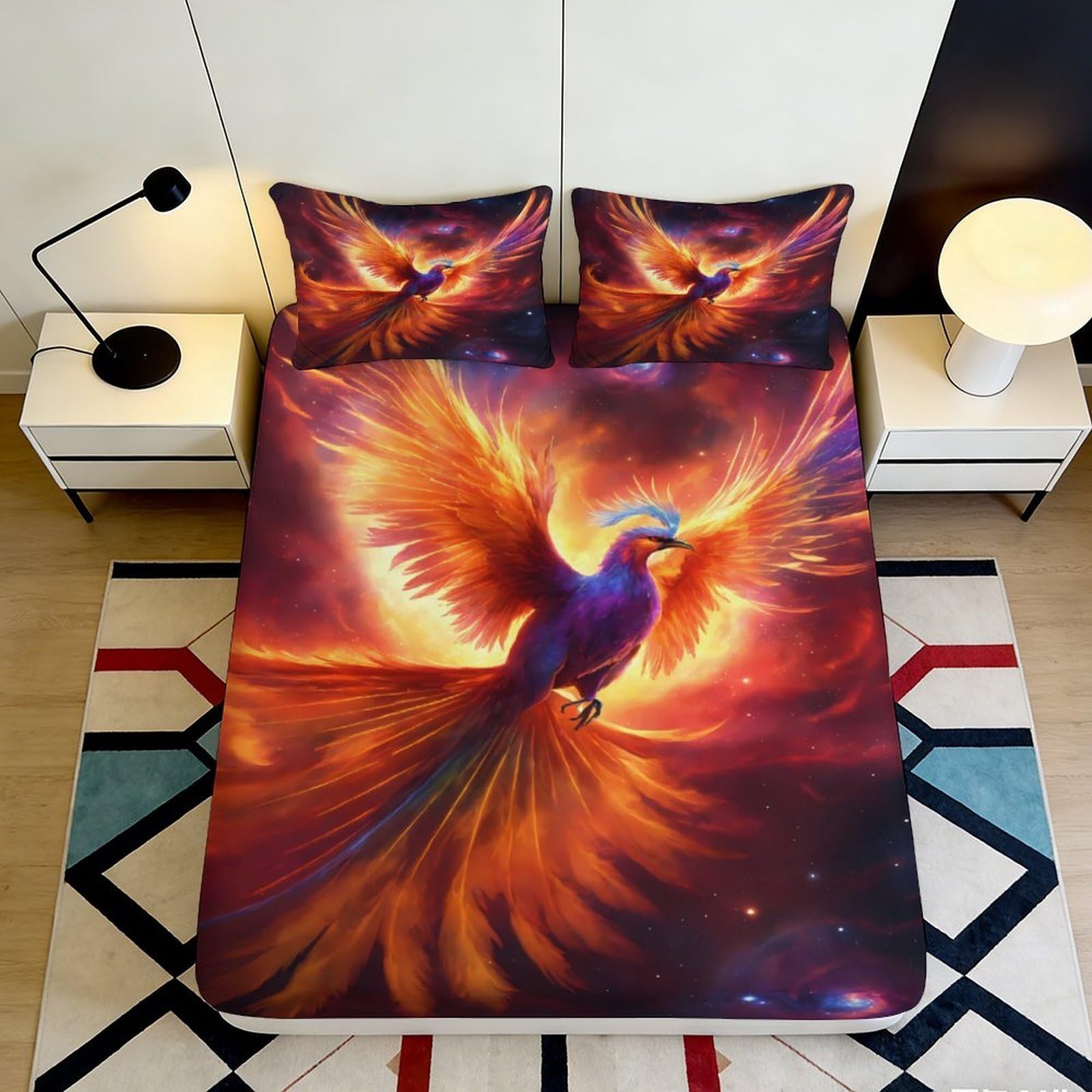 3D Printed Fire Phoenix Fitted Sheet Microfiber Soft Orange Flame Bed Sheet Dorm Bedroom Mattress Cover Decor 90x200x25cm
