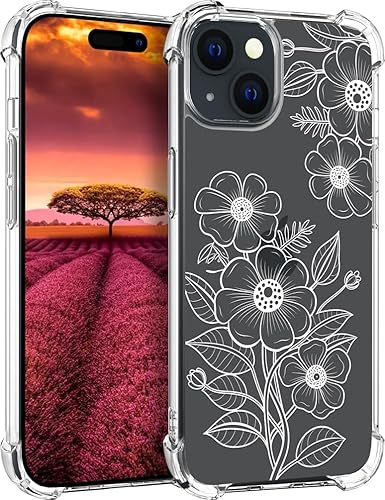 Funda compatible con iPhone 15 Plus, linda flor floral transparente para mujeres, diseño femenino, funda transparente de diseño floral, compatible