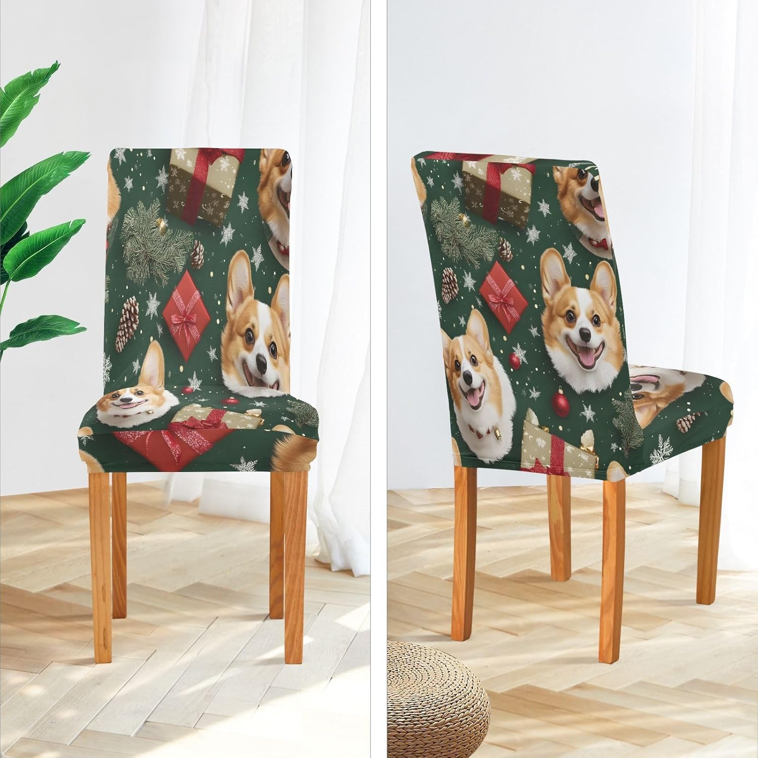 ALAZA Chair Covers for Dining Room, Christmas Corgis Pattern Stretch Chair Cover Sets Chair Protector Removable Washable for Ktichen Restaurant Hotel