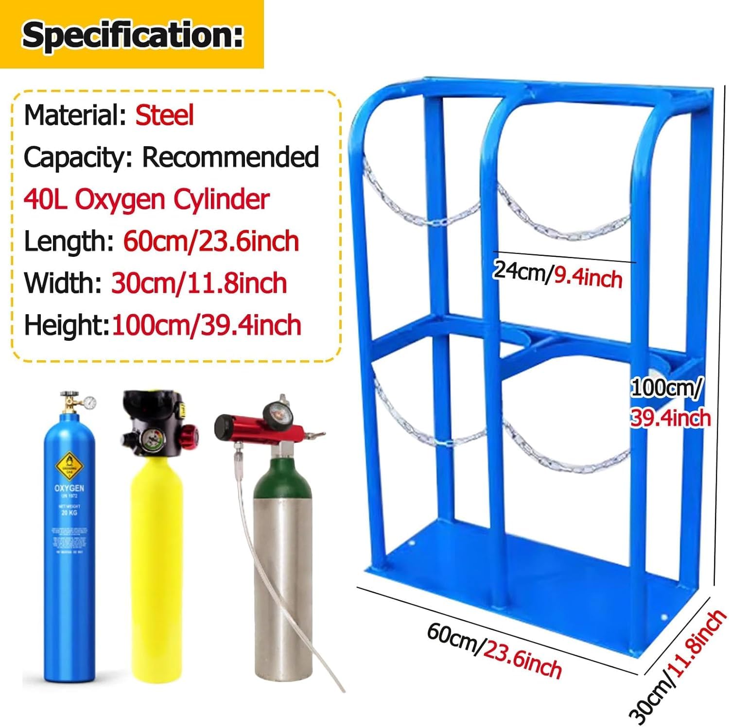 Carrello Portatile per bombole di Ossigeno, Robusto Supporto da Pavimento per bombole di Ossigeno con ripiano di stoccaggio, Giallo 60x30x100 cm - Perfetto per Uso Domestico e Medico, Design