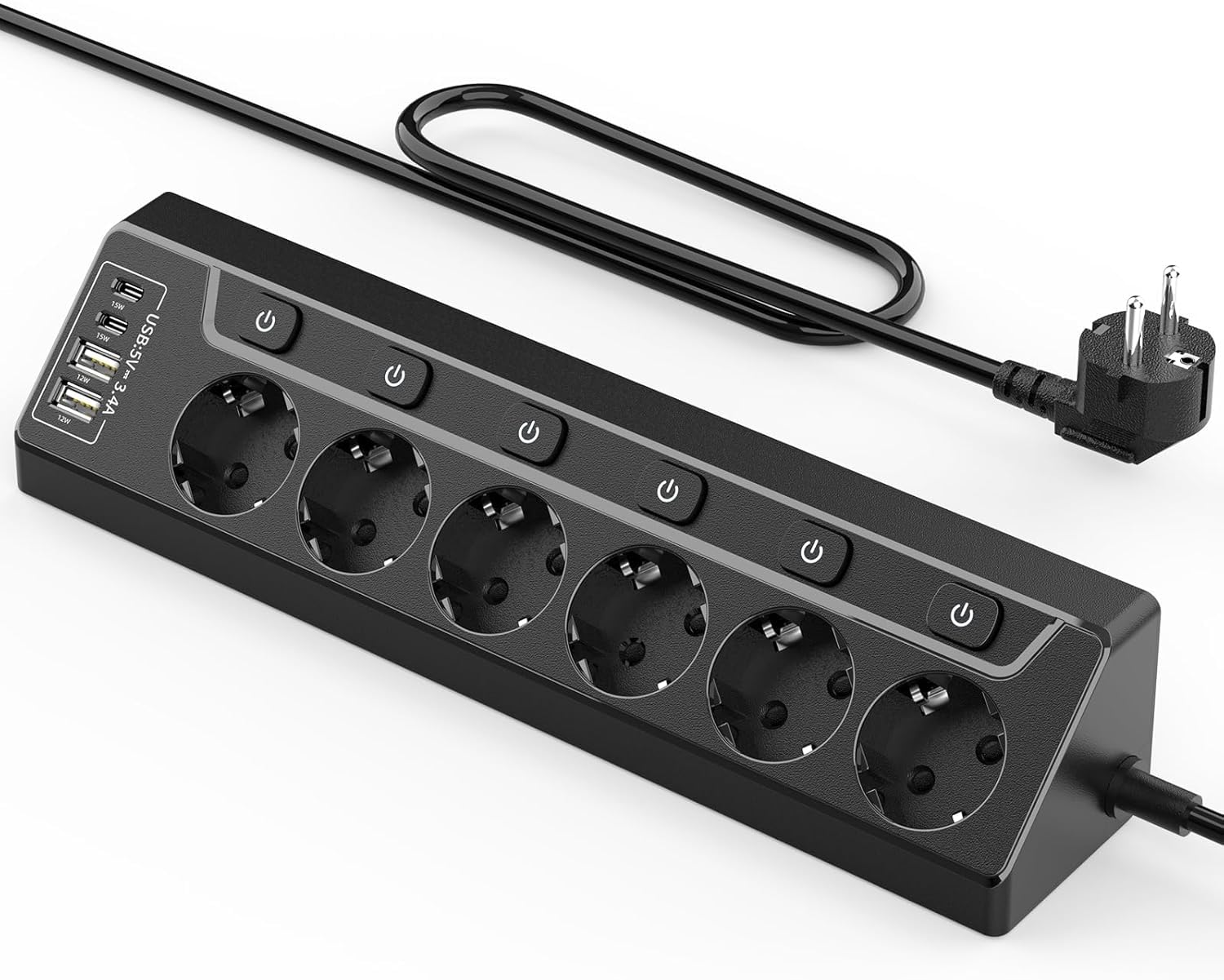 Inhwatek Eck Steckdosenleiste Überspannungsschutz mit USB C, 6 Fach Tischsteckdose Mehrfachsteckdose mit 2M Kabel (4000W,16A), Verteilersteckdose für Küchemit Heim Büro