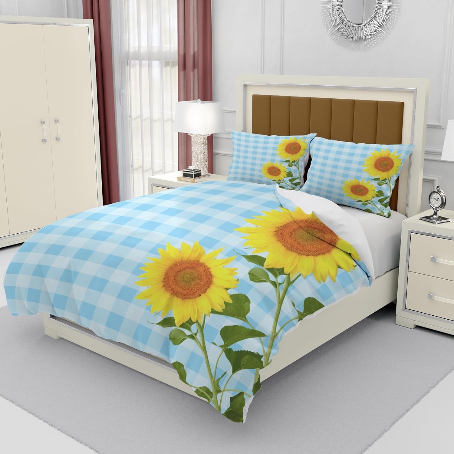 Żółty słonecznik super king size zestaw poszewek na kołdrę niebieski retro kratka miękka poszewka na kołdrę całoroczna poszewka na kołdrę 260 x 220 cm szczotkowana mikrofibra hipoalergiczne zestawy
