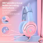 PHNIXGAM Pink Gaming Headset for PS4, PS5, Wired Over-Ear Headphones with Detachable Cat Ears, Microphone, RGB Backlight, Surround Sound for PC (Gradient Pink Blue) | 3.5mm surround sound gaming headphone. Compatible with PC, PS4, PS5, mobile. Gradie