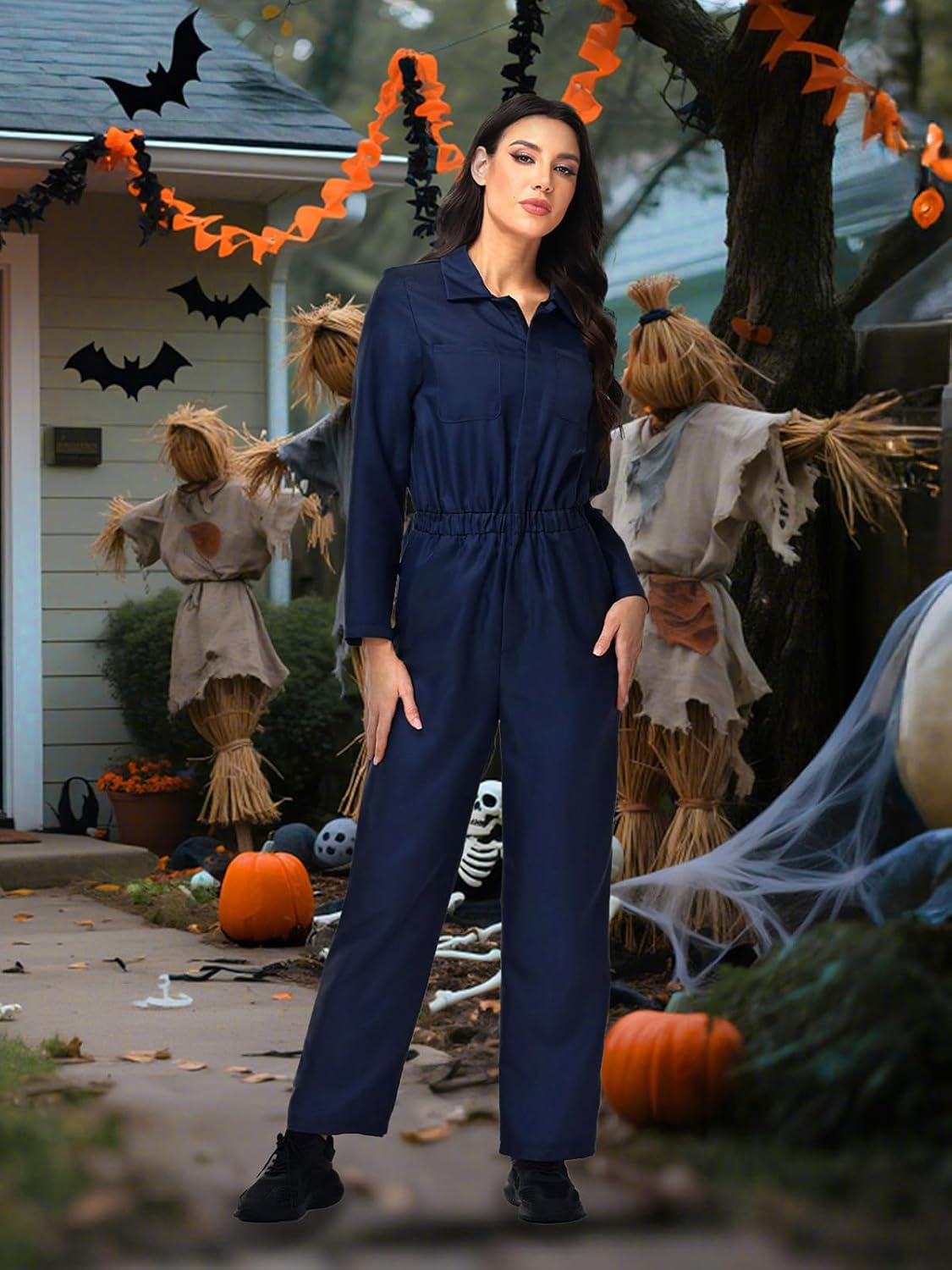 Coveralls for Women Adult - Halloween Horror Killer Cosplay Costume Navy Blue Long Sleeve Mechanic Jumpsuit - Image 5
