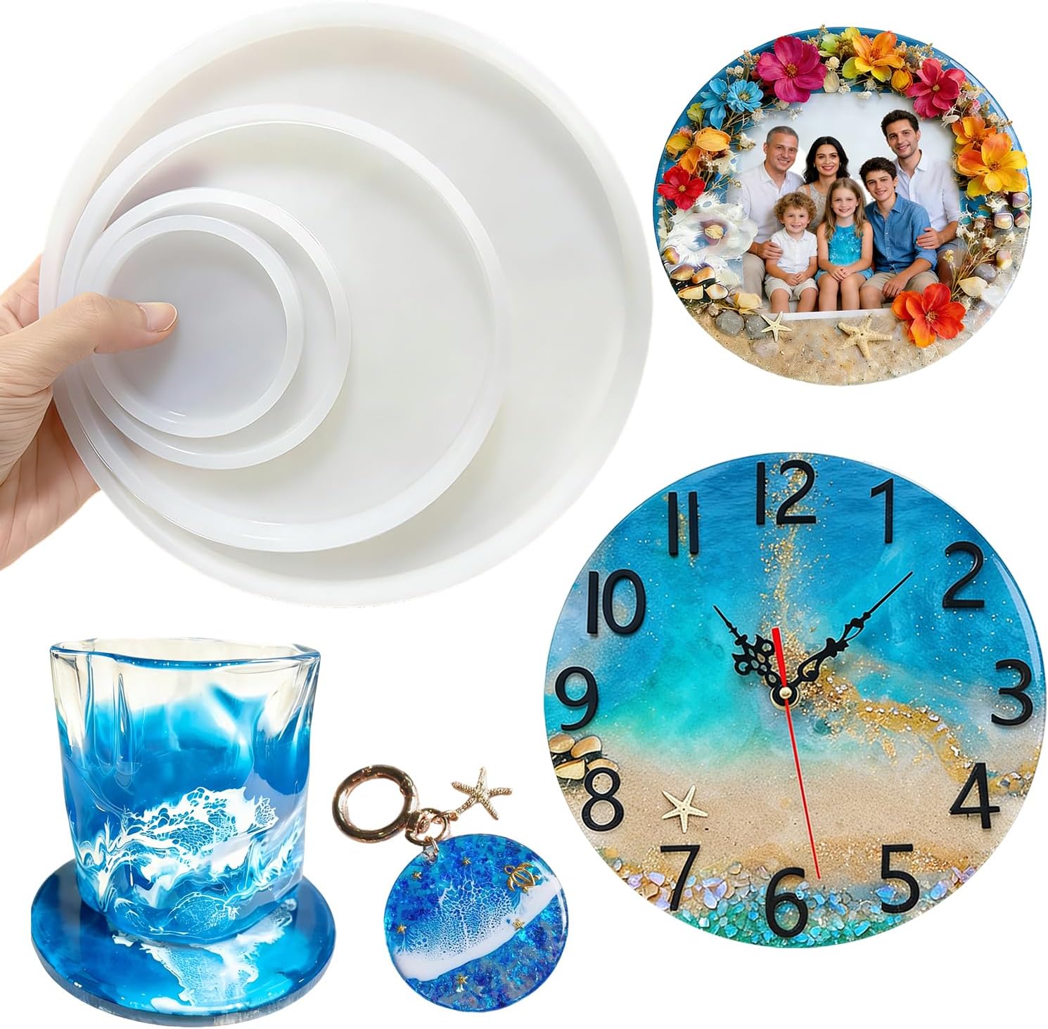 4 Pcs Round Silicone Resin Molds,Coaster Silicone Molds for Resin, Epoxy Resin-Mold for DIY Clock, Picture Frame, Jewelry Tray, Cup Mats, Keychain, Home Decoration (4 Sizes)
