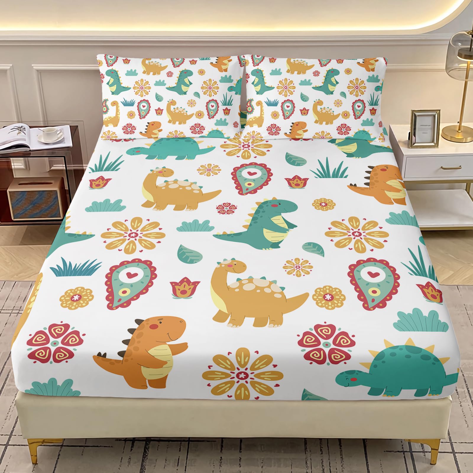 AILONEN Cute Dinosaur Kids Fitted Sheet Set Twin XL Size,Green &amp; Yellow Dinosaurs Printed Bedding Set 3Pcs for Boys Girls,Cartoon Funny Bed Sheet with 2 Pillowcases