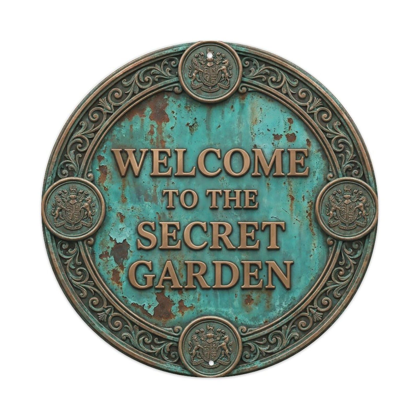 Vintage Welcome Secret Garden Embossed Aged Metal Tin Sign