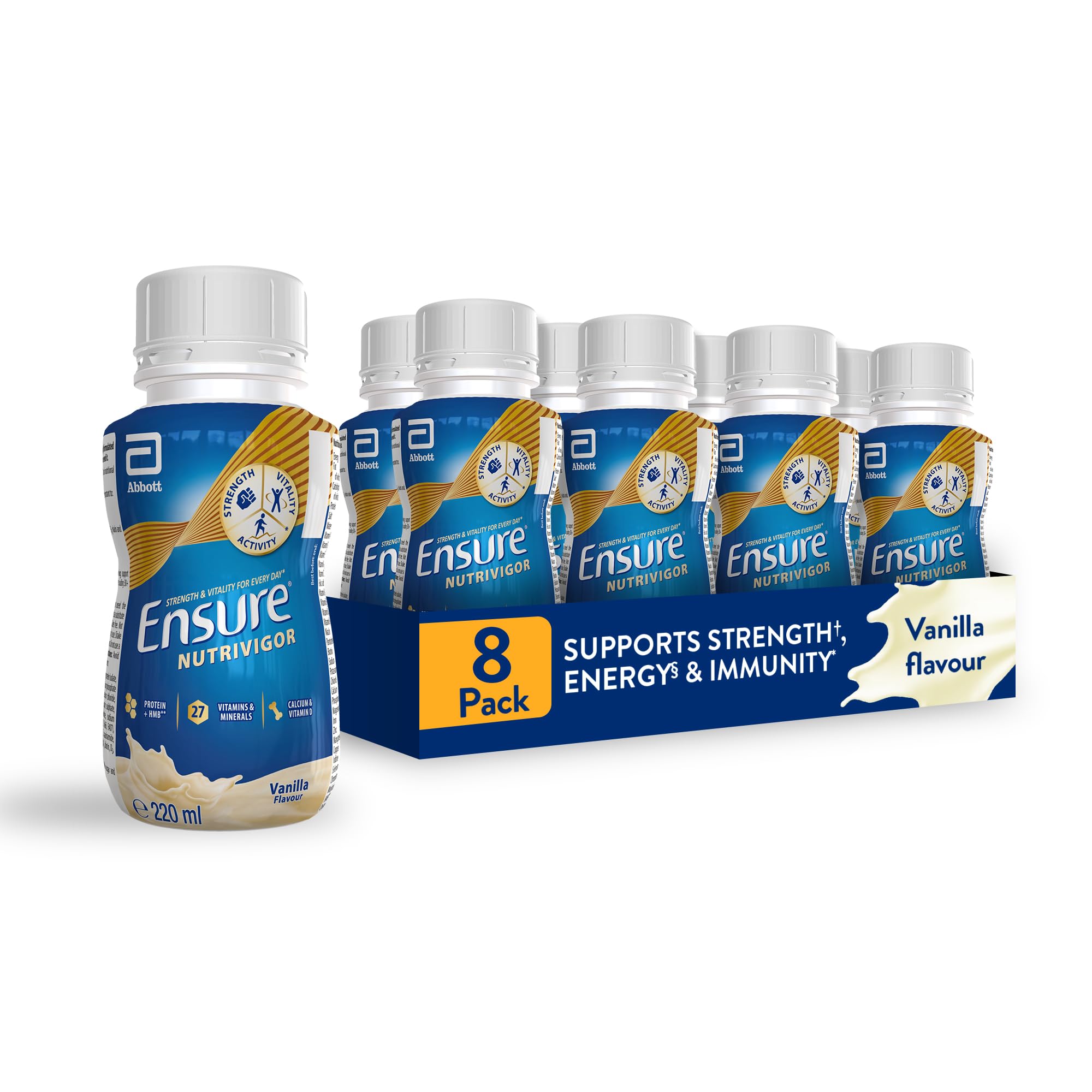 Ensure NutriVigor Nutritional Shake – Vanilla Flavour – 8 x 220ml – Boosts Energy – Ready-to-Drink – Food Supplement with Protein, HMB and27 Vitamins and Minerals
