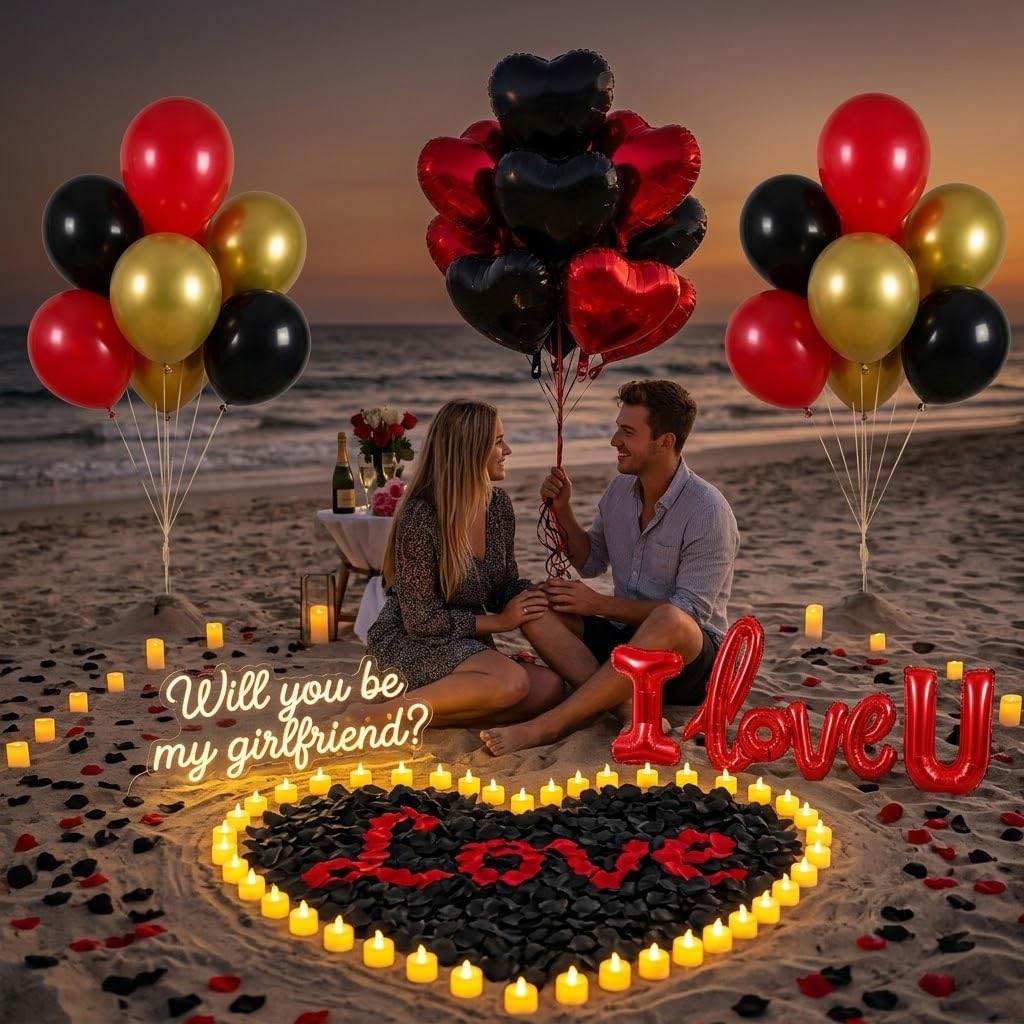 Décoration d'anniversaire rouge et noir, ballon d'amour, décorations romantiques de chambre d'hôtel, décorations d'anniversaire pour lui, elle, décoration d'anniversaire de mariage, Saint-Valentin
