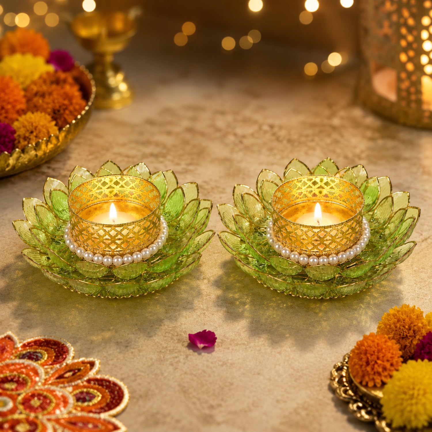 Lotus Shaped Tealight Candle Holder, Pink & Gold, 9 cm (Light -Green, Pack of 2)-image-12