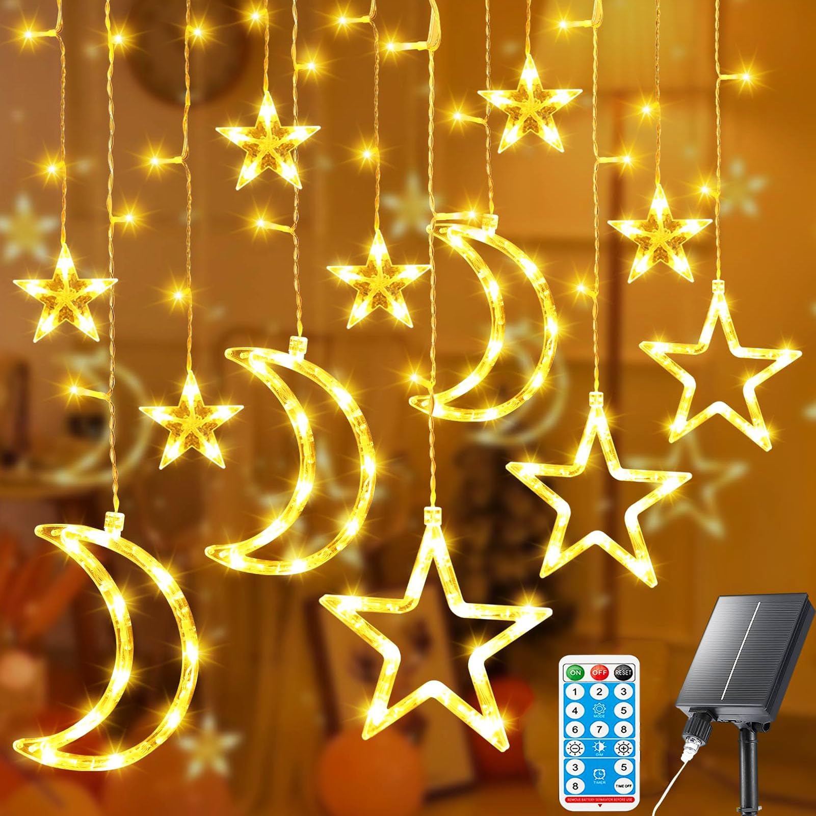 Tiokkss Ramadan Decorations for Home 3.5M Star Moon Solar Starry String Curtain 138LED Ramadan Lights, Outdoor Waterproof 8 Modes Ramadan Lights for Garden Patio Yard Ramadan Decoration (Warm White)