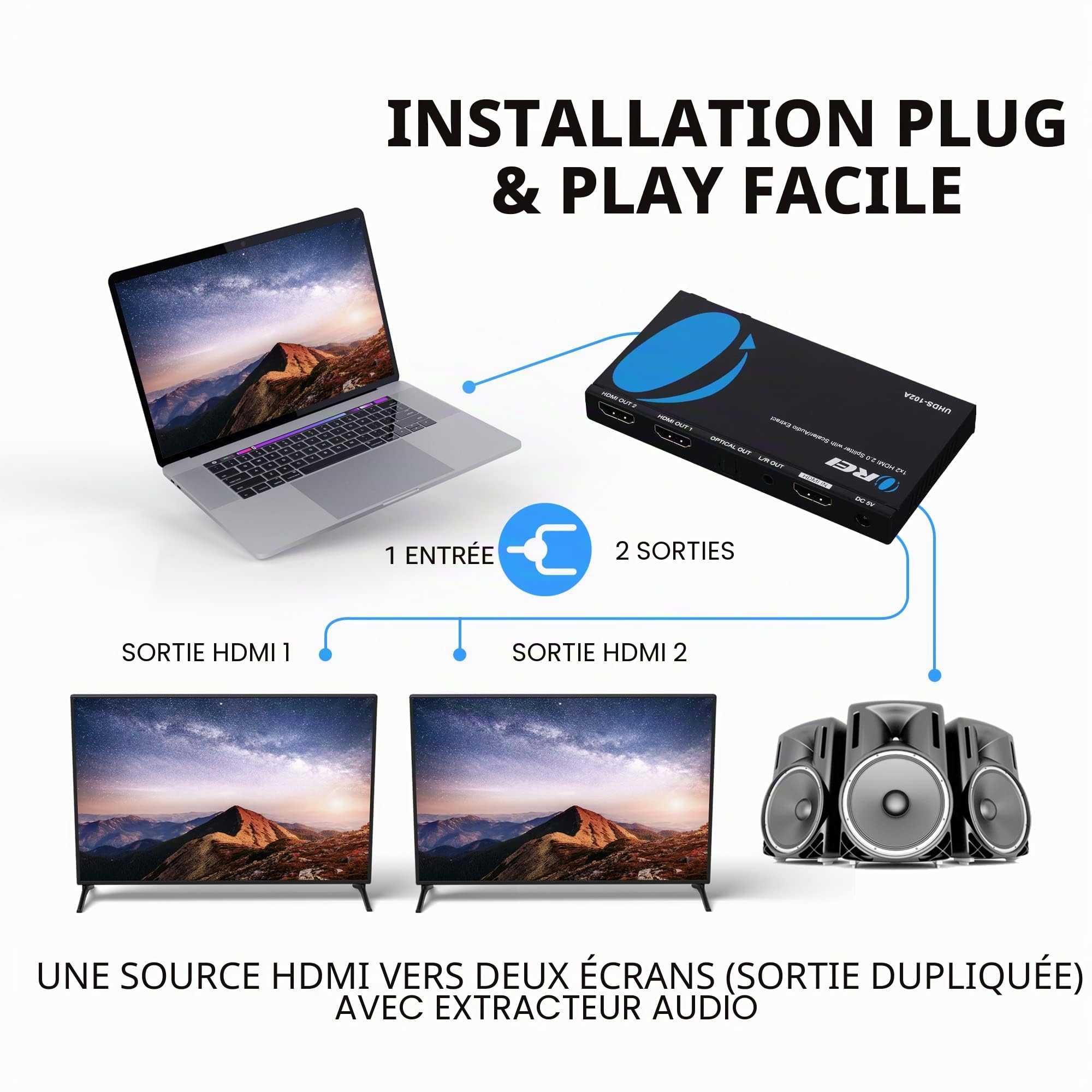 OREI UHDS-102A Répartiteur HDMI 2.0 avec extracteur audio Scaler 2 ports Full Ultra HDCP 2,4 K à 60 Hz et 3D Prend en charge le contrôle EDID