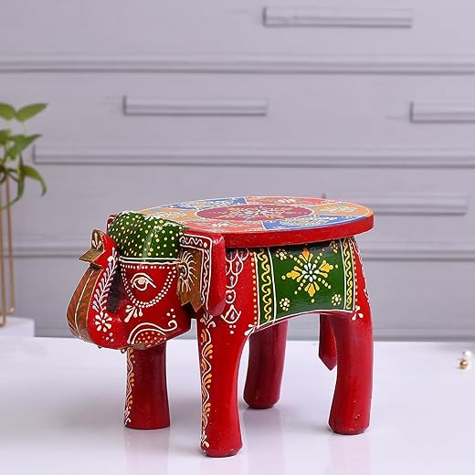 Colorful Painted Wooden Elephant Stool 20 Cm