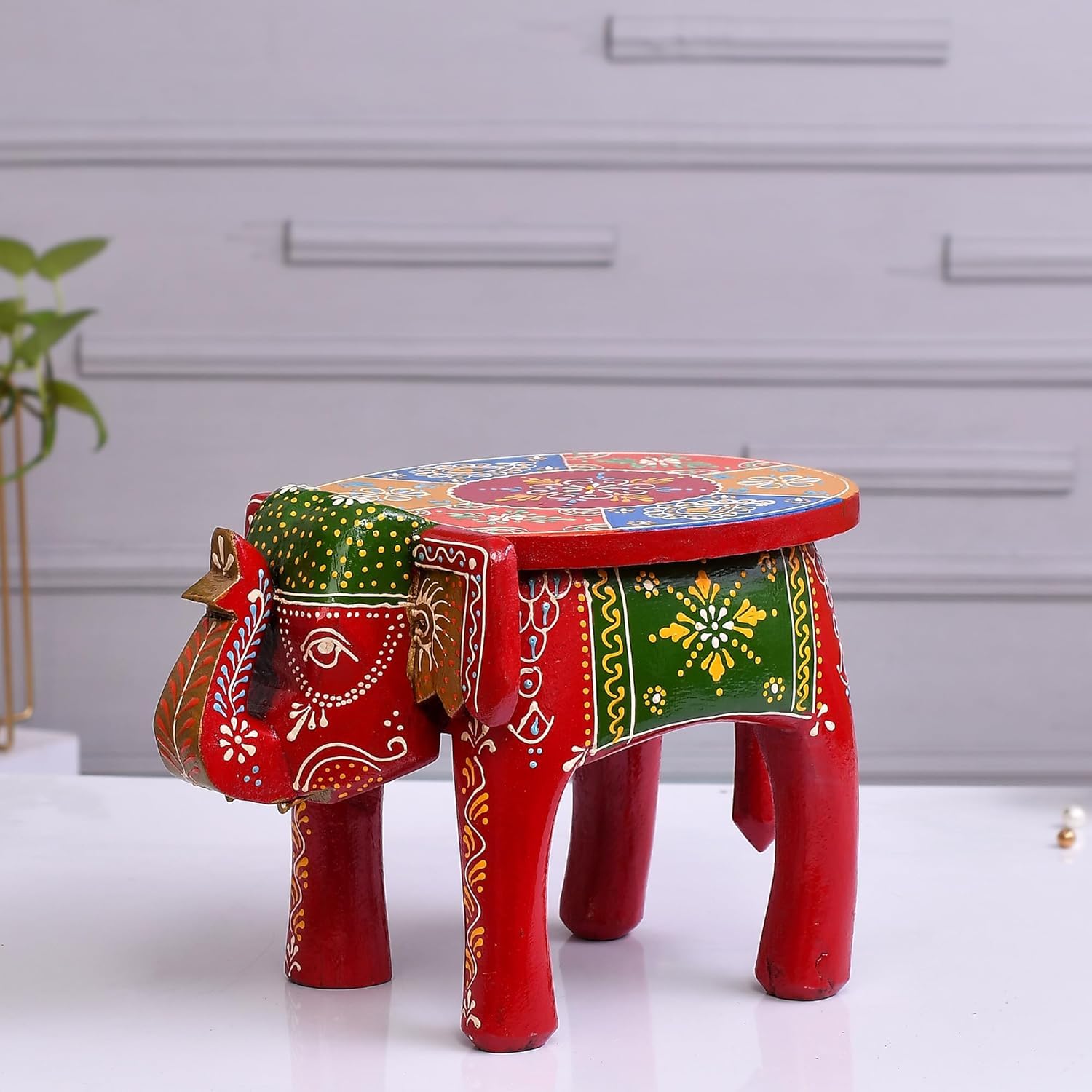 Handcrafted Wooden Elephant Stool | Colorful Painted Elephant Shape Stool for Home, Office & Living Room Décor | Decorative Hand-Painted Wooden Showpiece | Size 28x20x20 cm – Multicolor