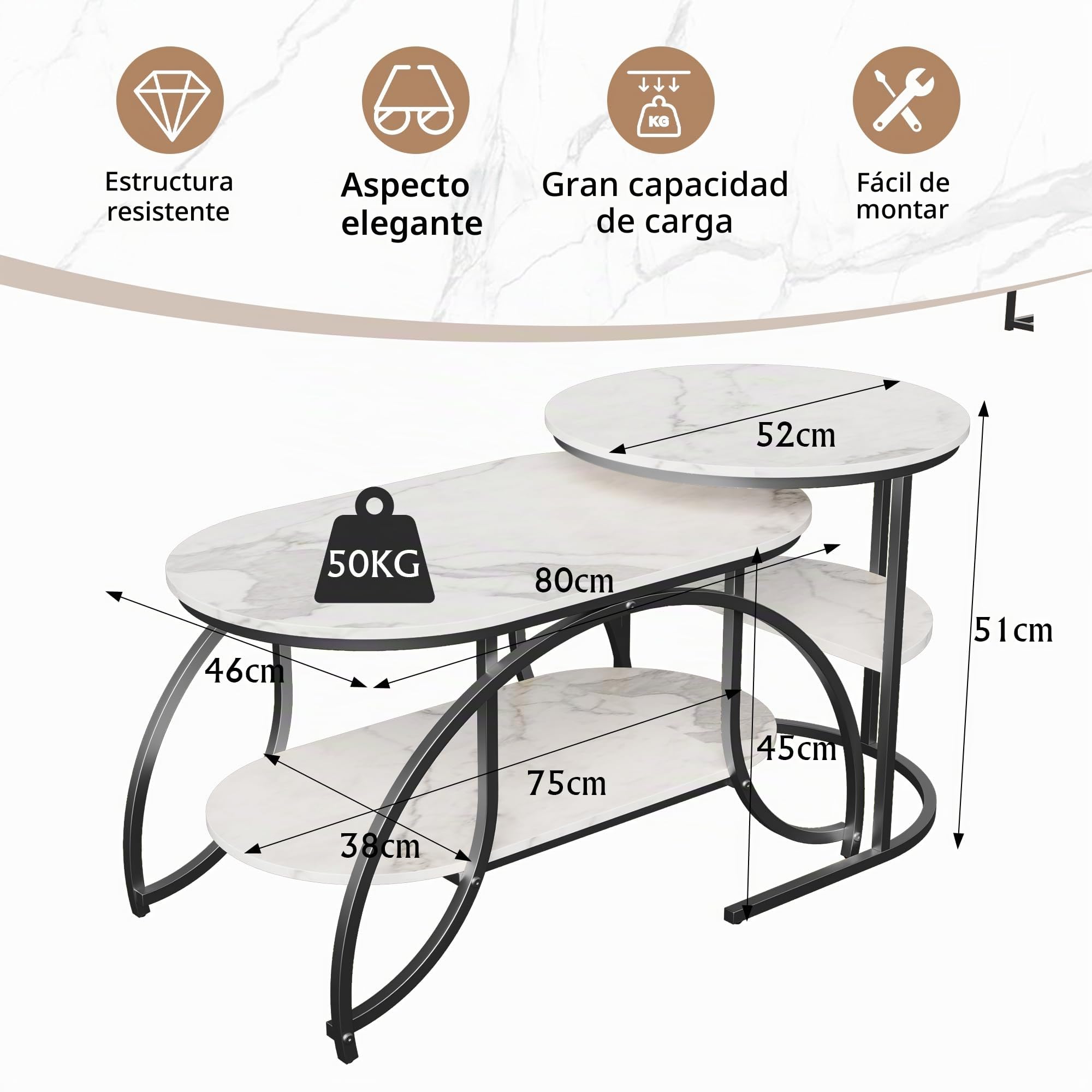 Juego de 2 mesas bajas para salones, mesas de salón separadas, mesa Gigogne de diseño de mármol, con espacio de almacenamiento, efecto de mármol, marco de metal, mesa auxiliar apilable (negro