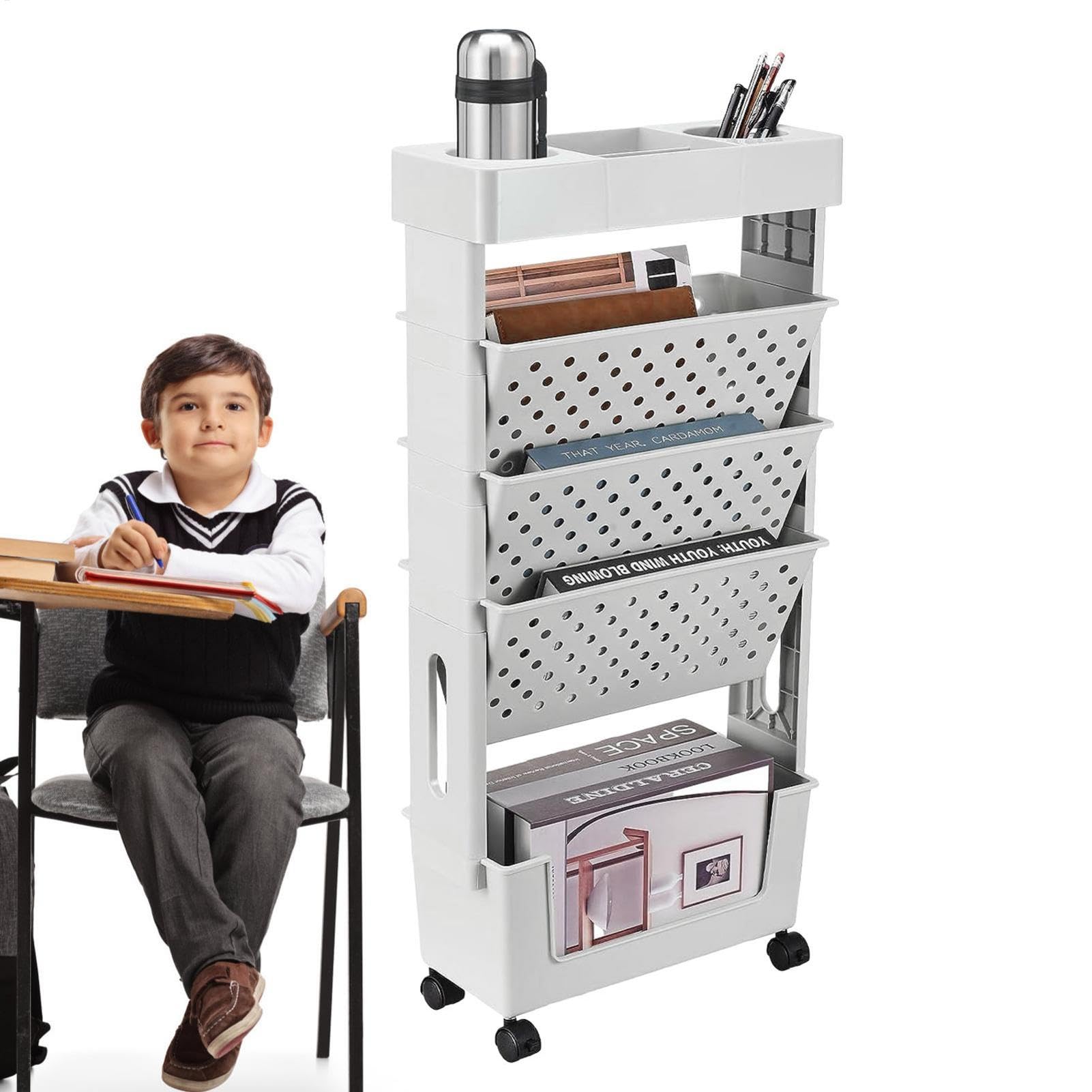 Étagère mobile – Chariot de rangement de livres, étagère réglable | Étagère rotative à 5 niveaux de grande capacité pour économiser de l'espace, organiseur de livres avec roues pour salles d'étude