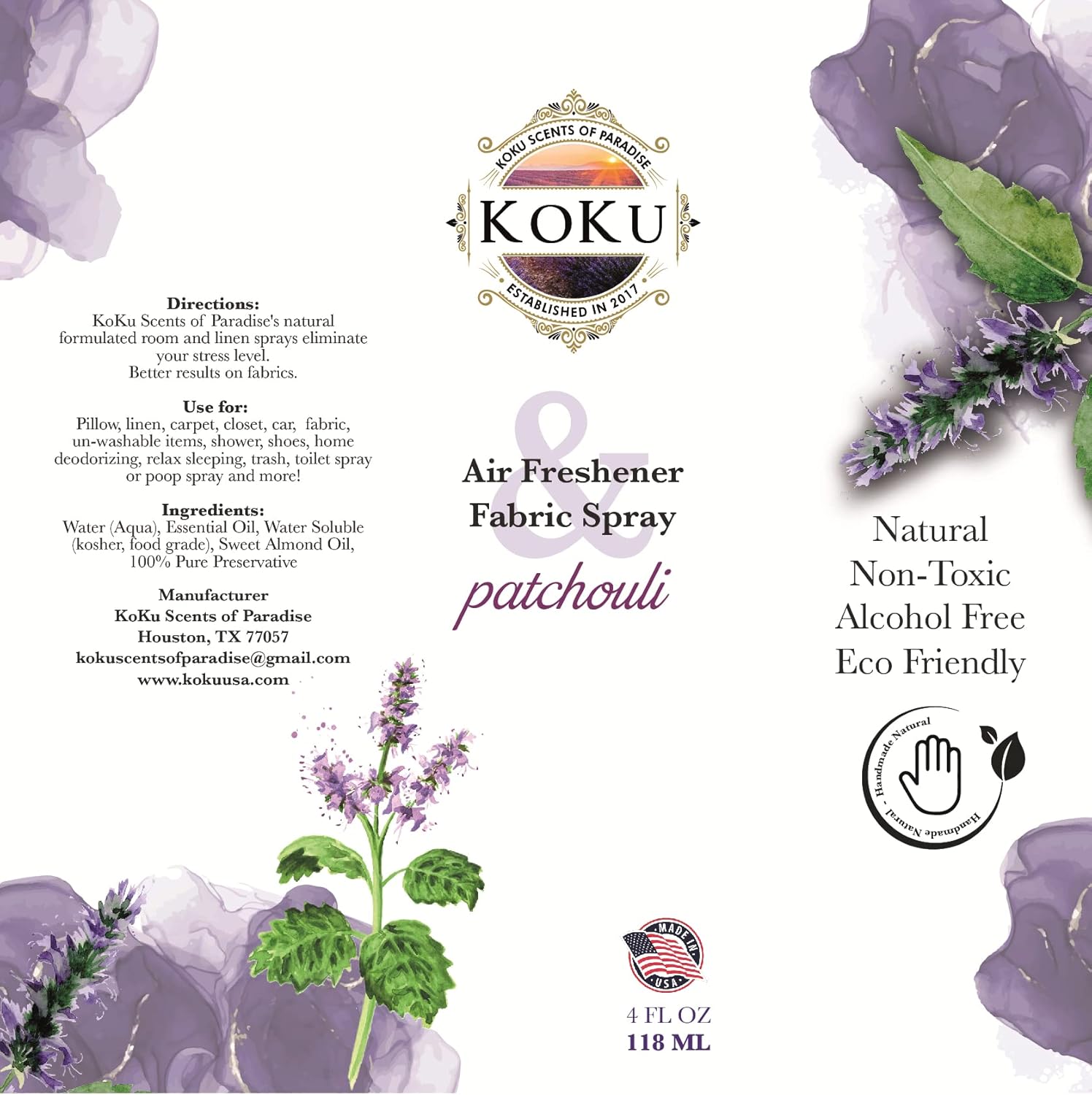 Patchouli Air Freshener – Room Spray – Odor Eliminator – Deodorizer – Car Air Freshener – Home Spray – Linen Spray – Fabric Refresher – Non-Toxic – Alcohol Free – Made in USA (4 Oz)