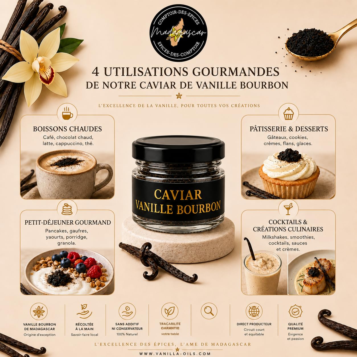 Caviar de Vanille 50g – Pulpe Pure de Vanille Noire Gourmet Madagascar – Qualité Ultra Premium – Direct Producteur Mada Organic – Idéal Pâtisserie & Gastronomie