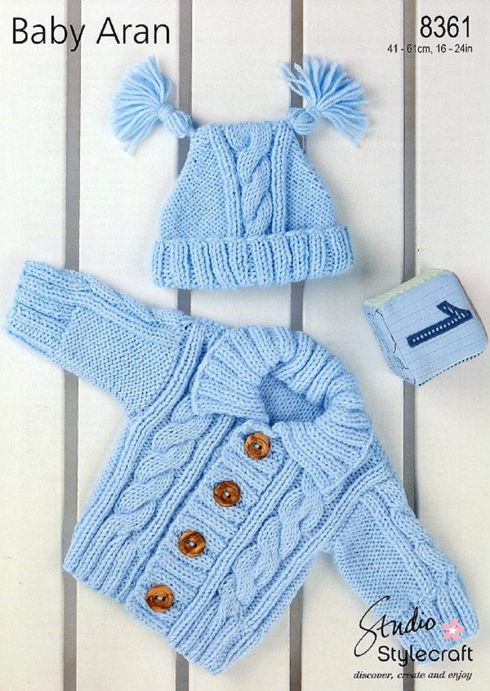 Stylecraft Baby Aran Knitting Pattern 8361 - Cardigan & Hat. Size 41-61cm (16-24 inch)