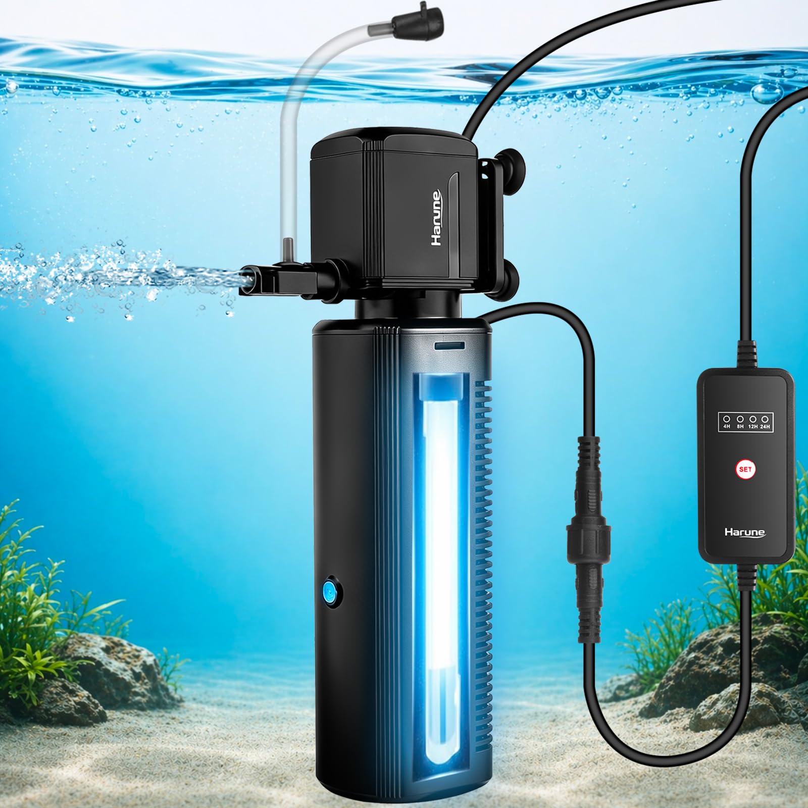 Harune 500L/H Fish Tank Filter with UV Light, Internal Aquarium Filter for 41–100L, Built-in Timer Controller, Visible UV Window, Quiet Submersible Filter for Freshwater & Marine