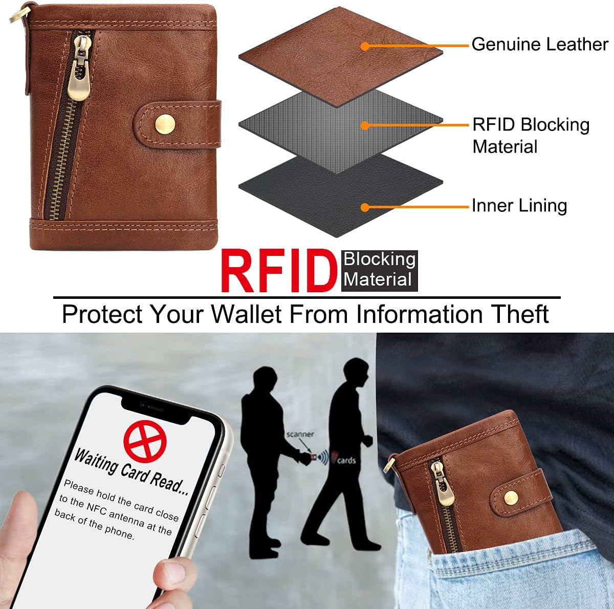 HNOOM Men's RFID Blocking Genuine Leather Wallet, Slim Bifold with Chain, 17 Card Slots & Coin Pocket - Image 4