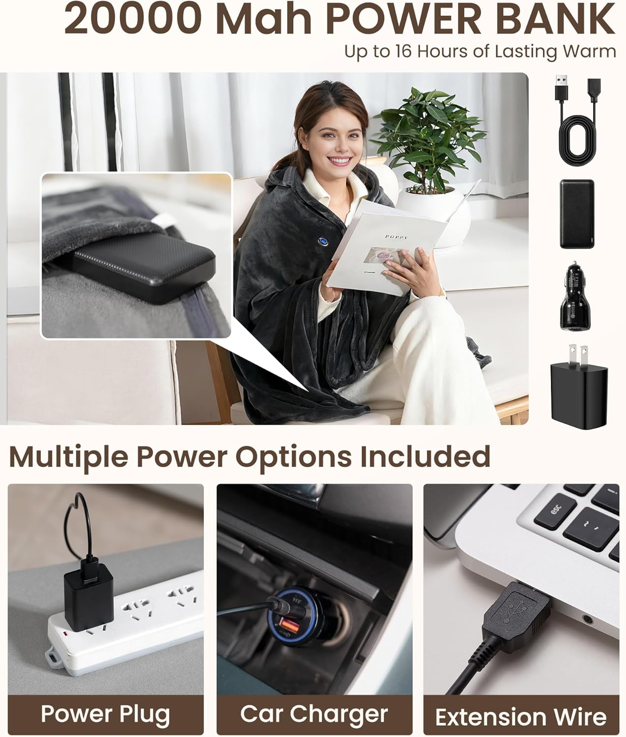 Cordless Heated Blanket with Hood, USB Battery Powered Heated Wearable Blanket with 9 Heating Zones, 20000 mAh Power Bank, 3 Levels, Portable Heated Throw Blanket, Heated Shawl (64 in x 37 in) - Image 5