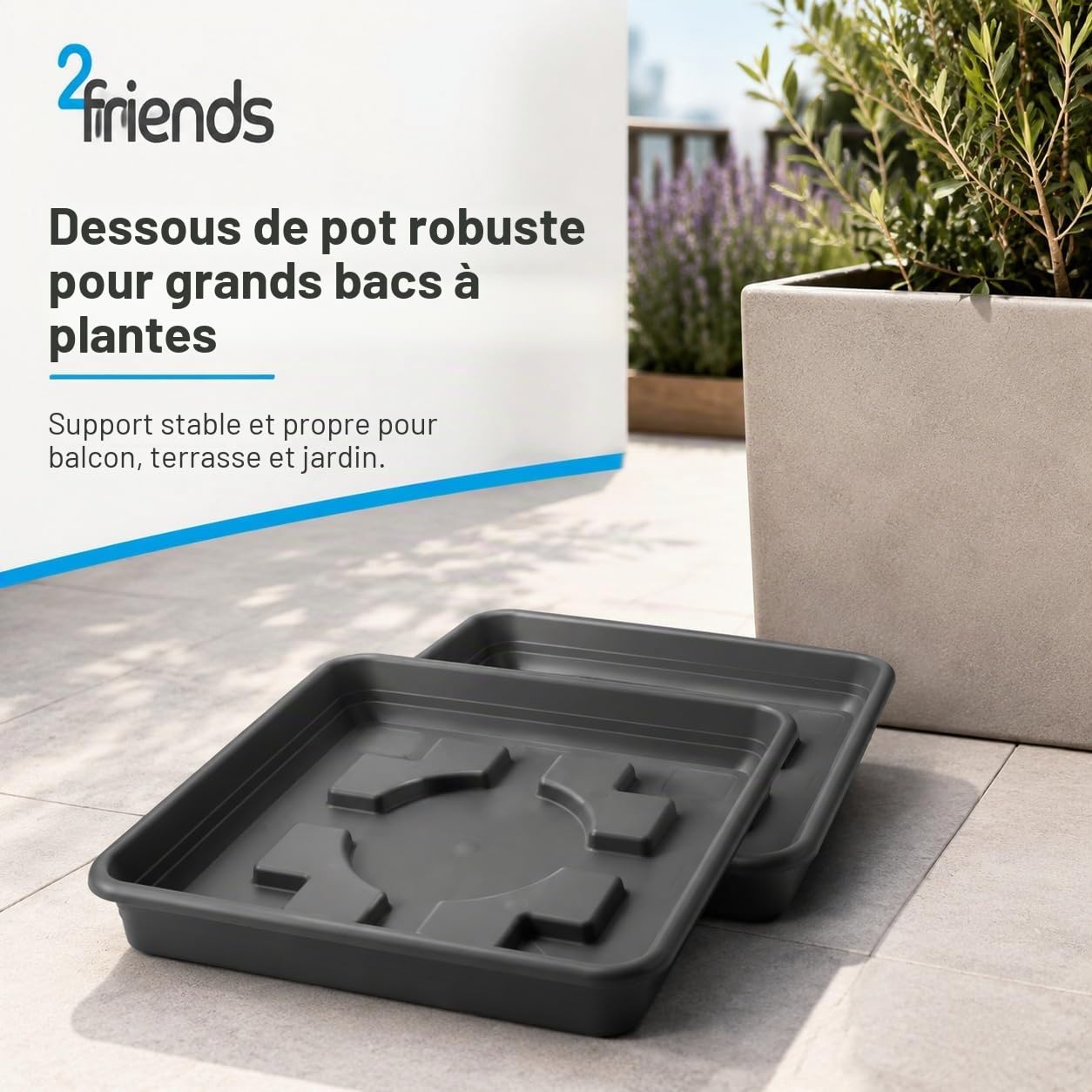 SUSTANIA Lot de 2 soucoupes, 40 x 40 cm, pour pot de fleurs, grand extérieur, anthracite, extra robuste, pour pot de fleurs, 48 x 48 cm, grand extérieur