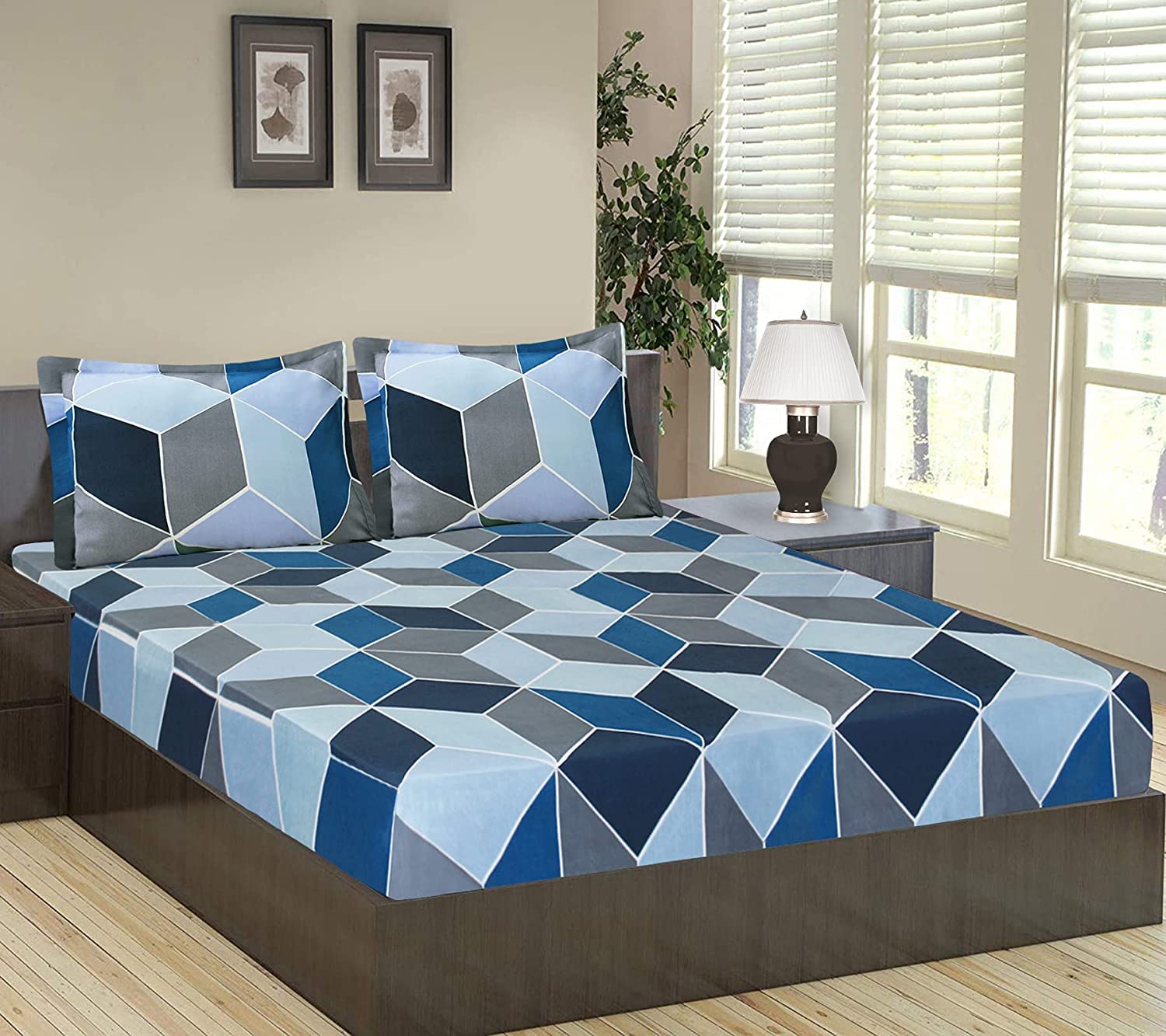 THE HOME STYLE Cotton Feel Glace Cotton Elastic Fitted Printed Double Bed King Size Bedsheet With 2 Pillow Cover 300 TC (72"X72", Blue Berry)