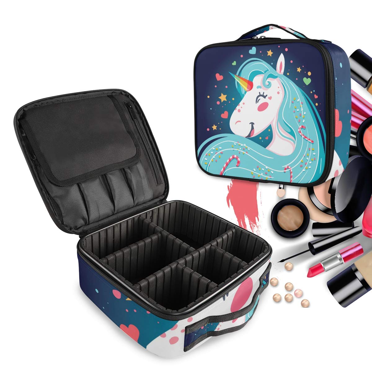 Sac cosmétique licorne à compartiments modulables pour maquillage - 8