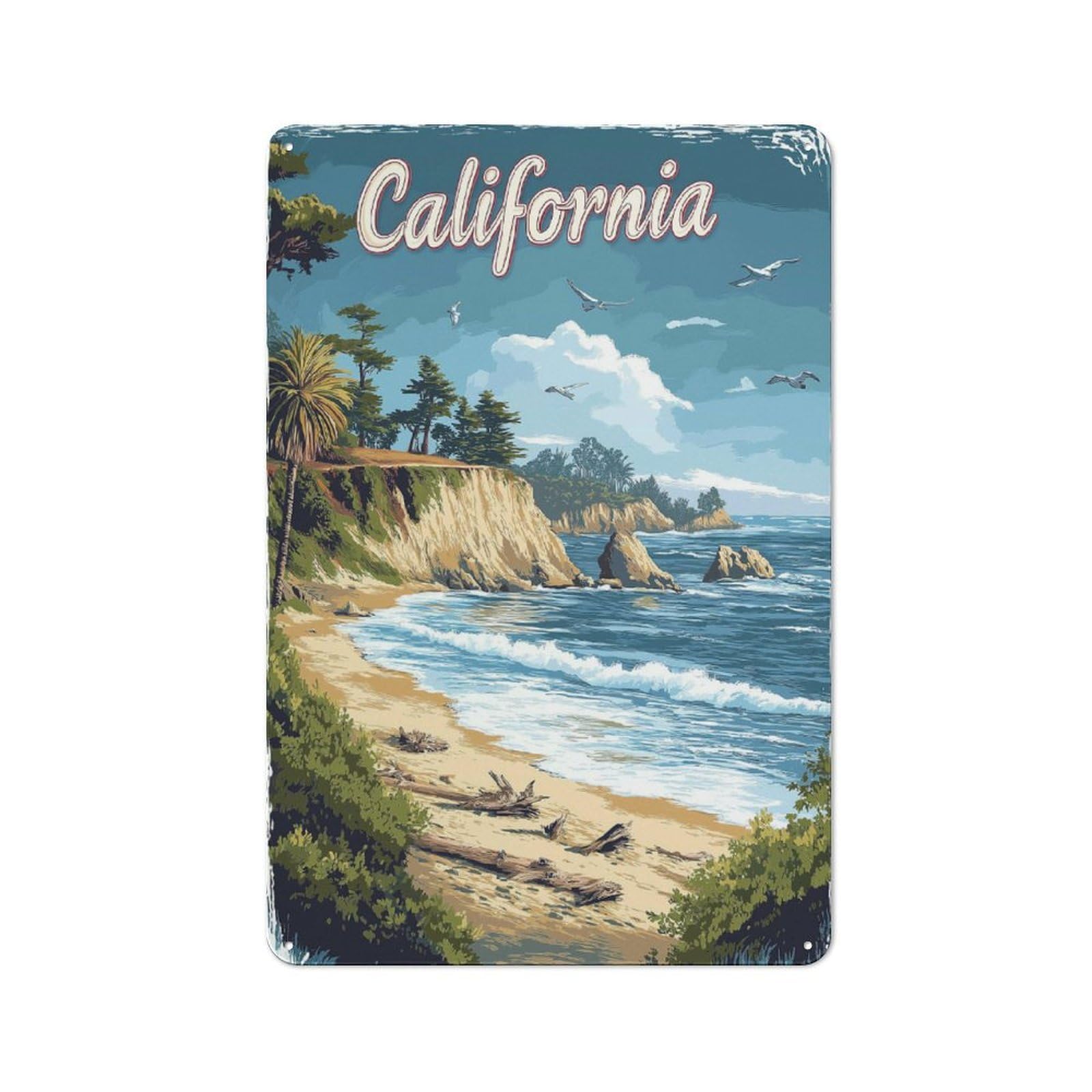 Junmoney Style-20 Retro California Beach Coastline Travel Poster Decorative Metal Plaque 30X20cm, Shed Wall Plaque For Tool Room, Garage, Studio Or Home Bar