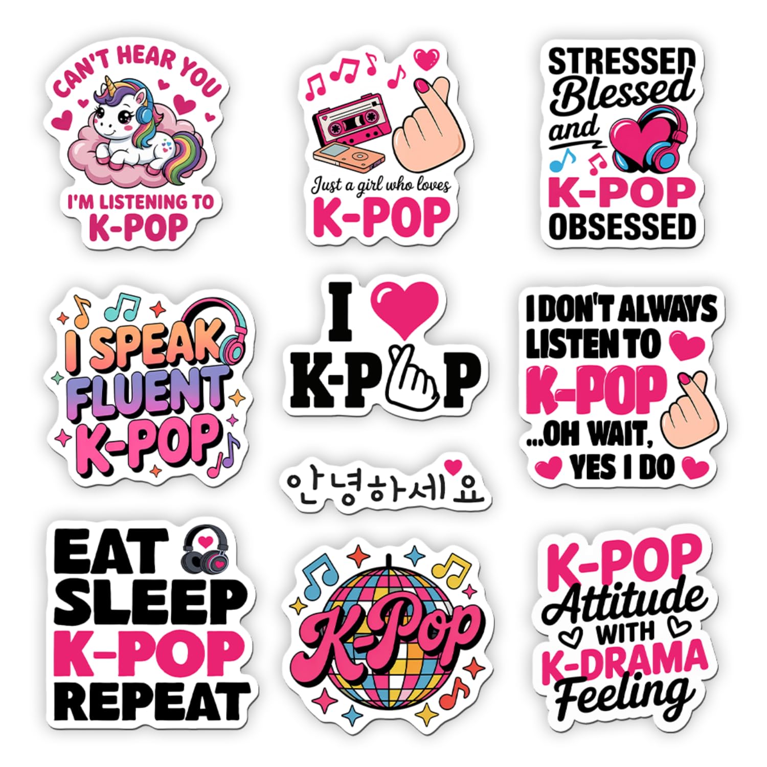View 1 of (Set of 10) K-Pop Sticker, Cute Girly Korean Pop Music Lover Sticker, K-Pop Fan Gift, Kdrama Kpop Decoration for Laptop Water Bottle Car Phone Scrapbook Journal Helmet 3 Inches