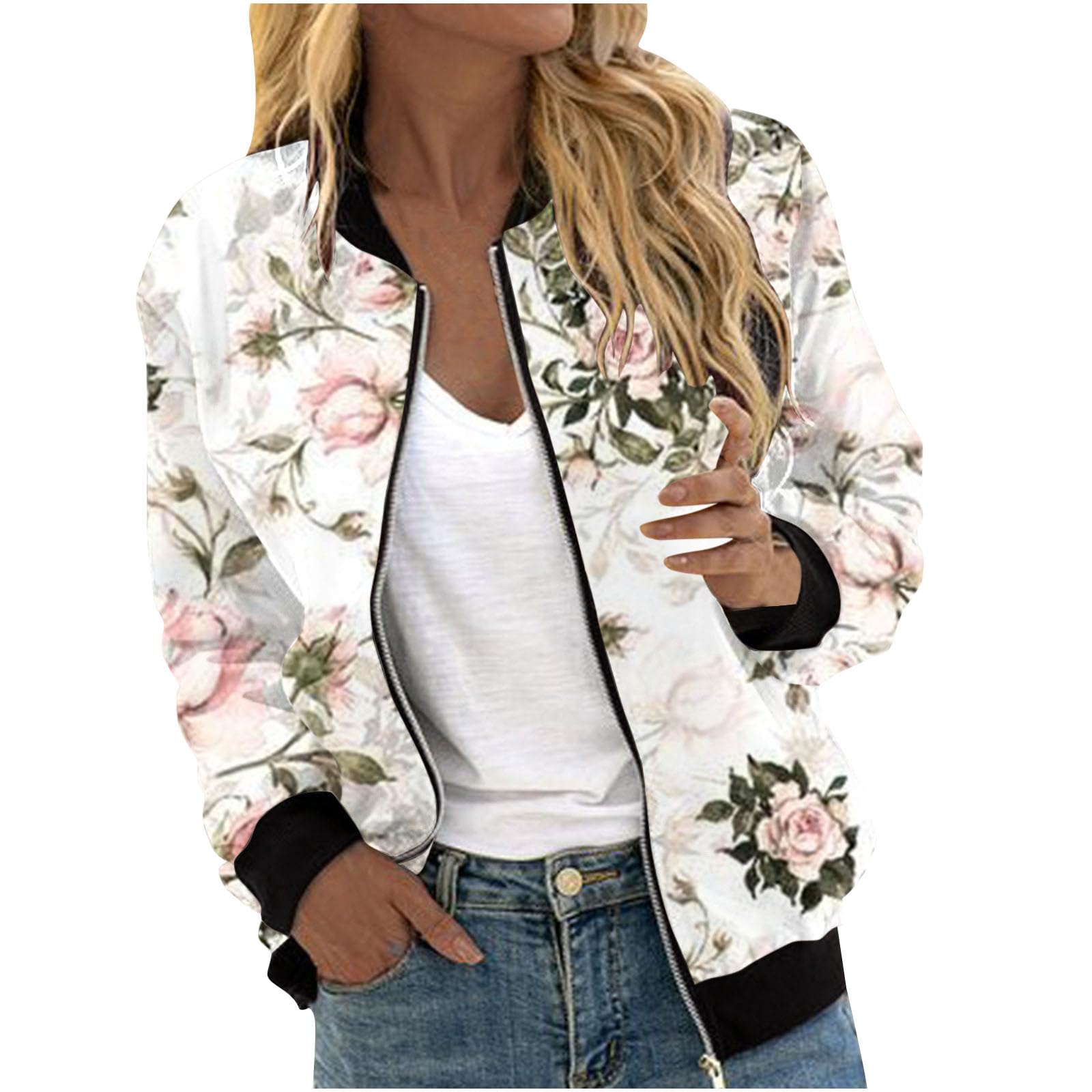Chaqueta bomber para mujer, chaqueta de primavera con estampado de flores, chaqueta ligera de verano, cremallera corta, chaqueta piloto, chaqueta blusón, manga larga delgada, chaqueta de entretiempo
